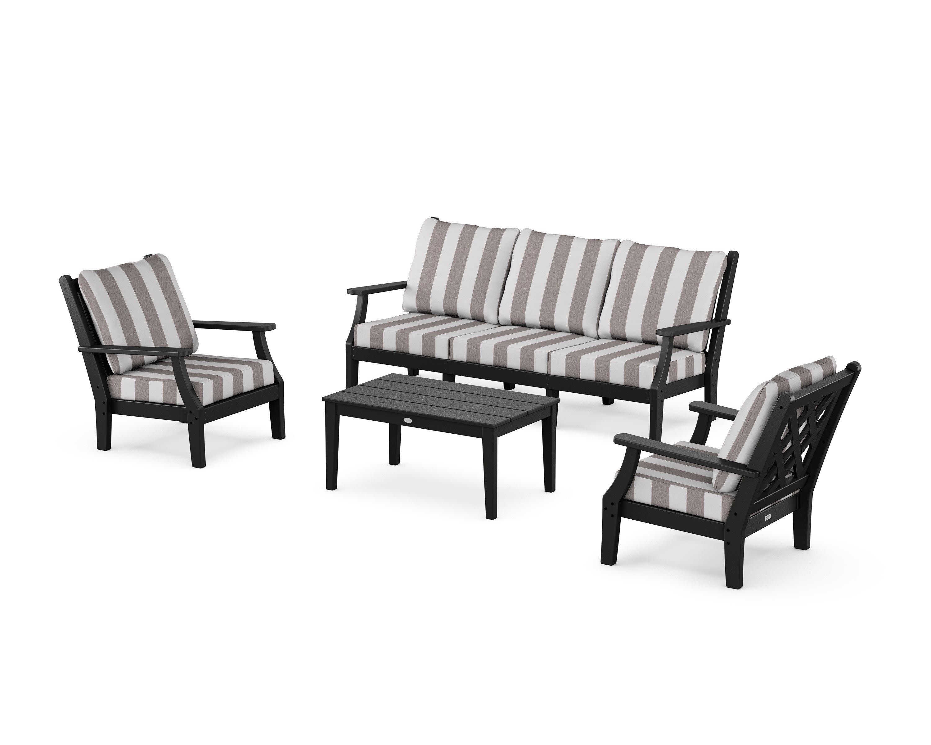 Wovendale 4-Piece Deep Seating Set with Sofa in Black / Cabana Stripe Grey Mist