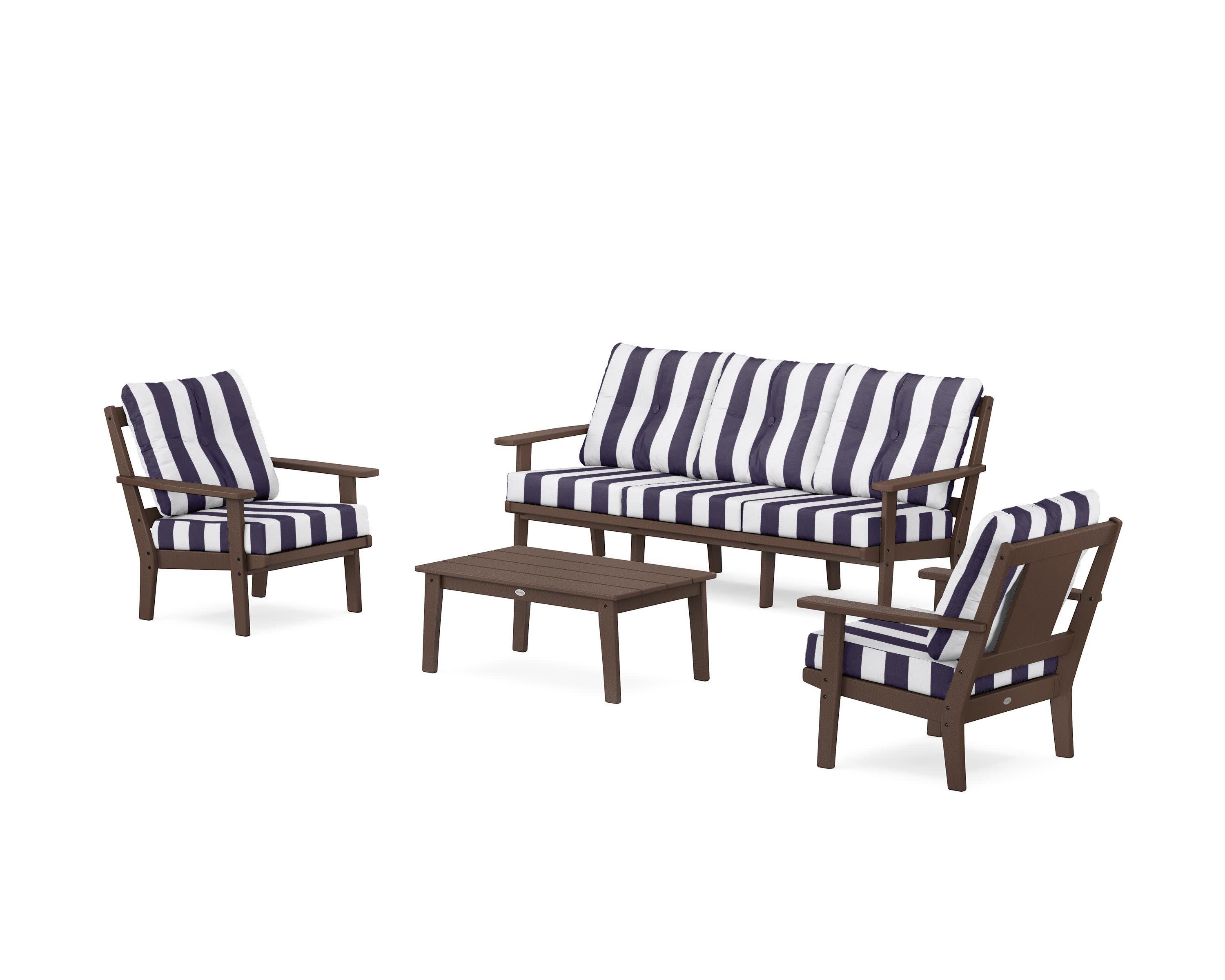 Prairie 4-Piece Deep Seating Set with Sofa in Mahogany / Cabana Stripe Navy