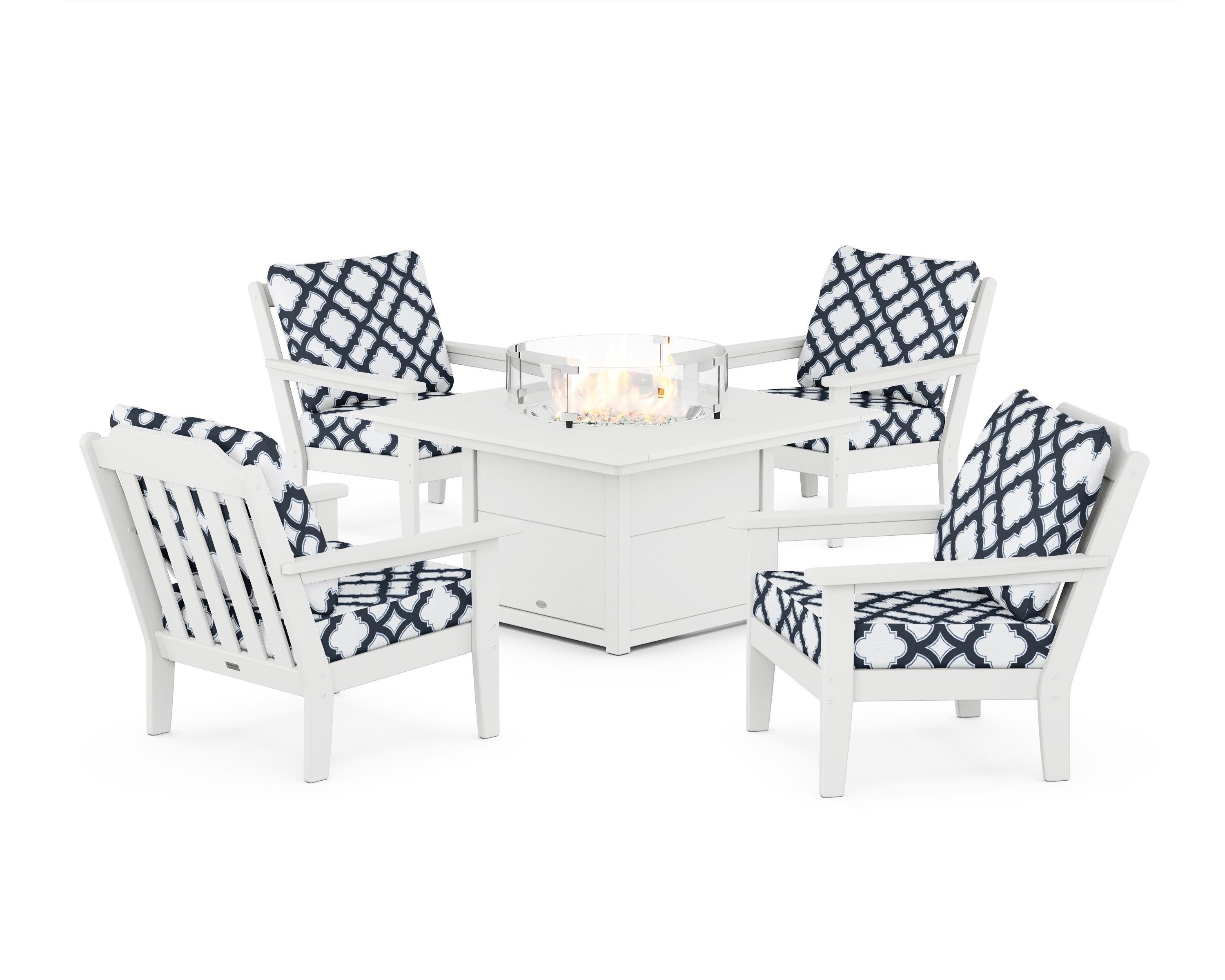 Cottage 5-Piece Deep Seating Set with Fire Pit Table in White / Trellis Marine Indigo
