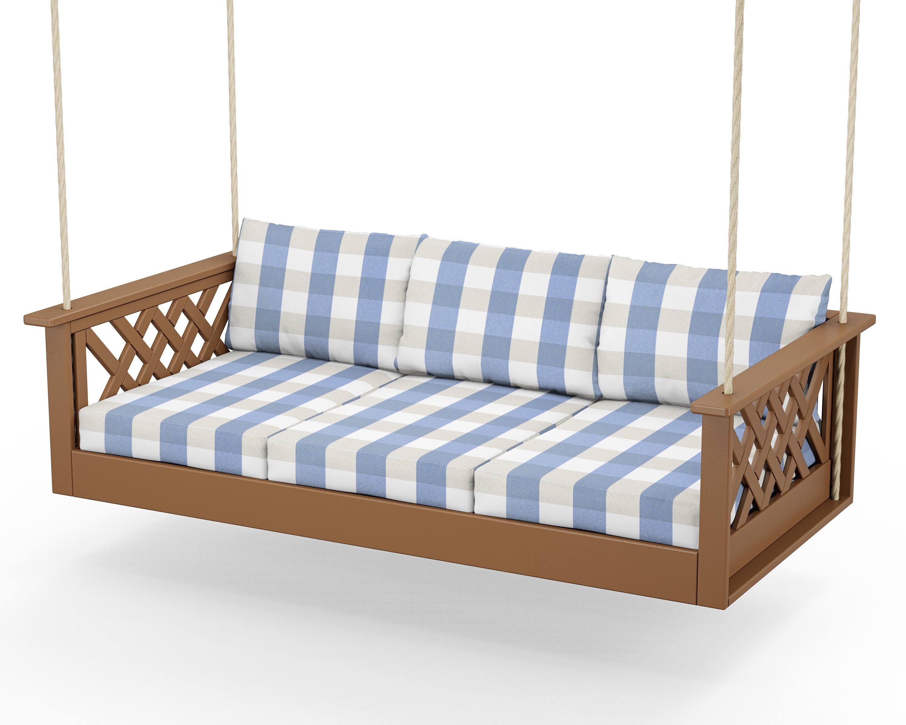 Wovendale Daybed Swing in Teak / Buffalo Plaid Sky Blue