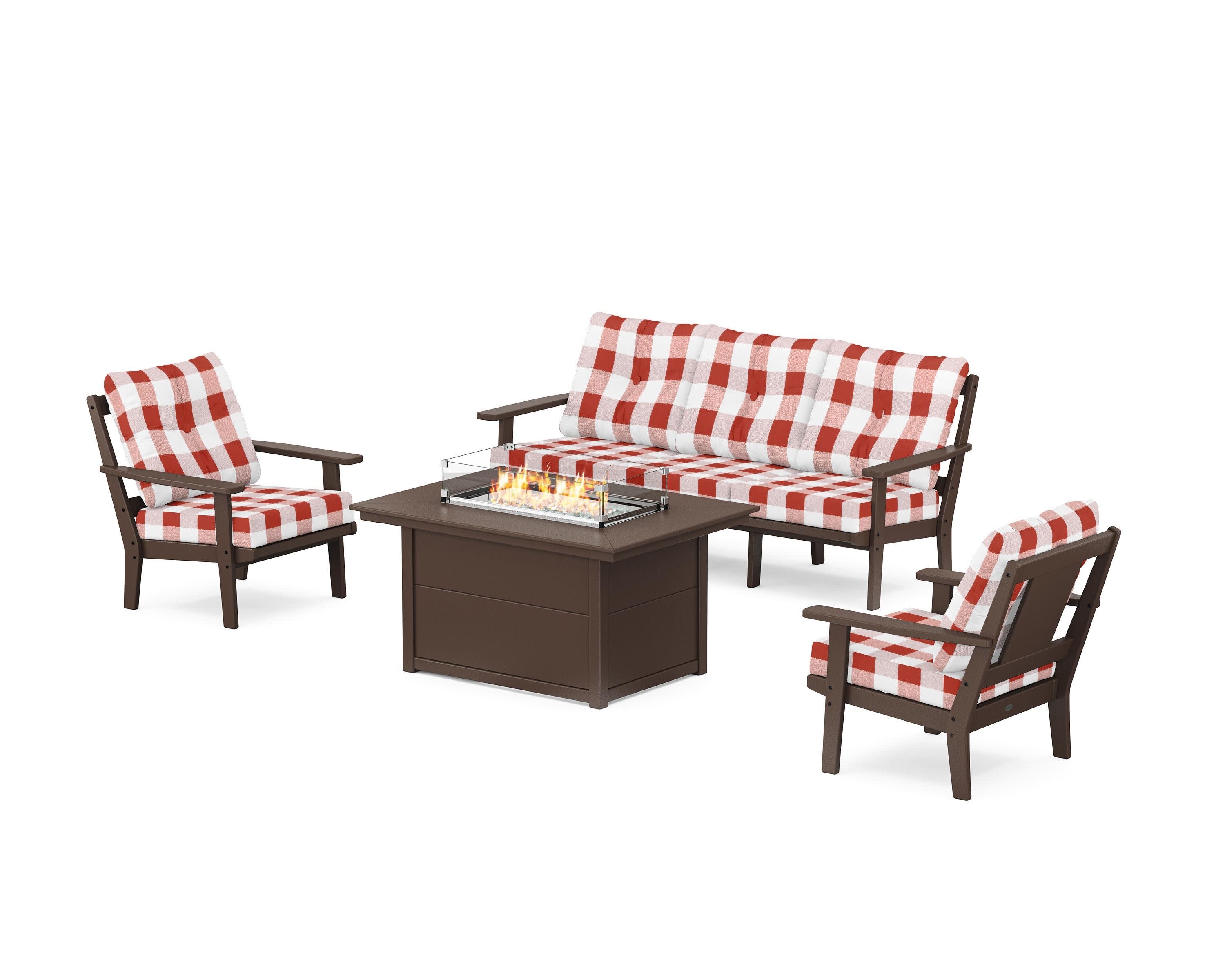 Prairie Deep Seating Fire Pit Table Set in Mahogany / Buffalo Plaid Crimson