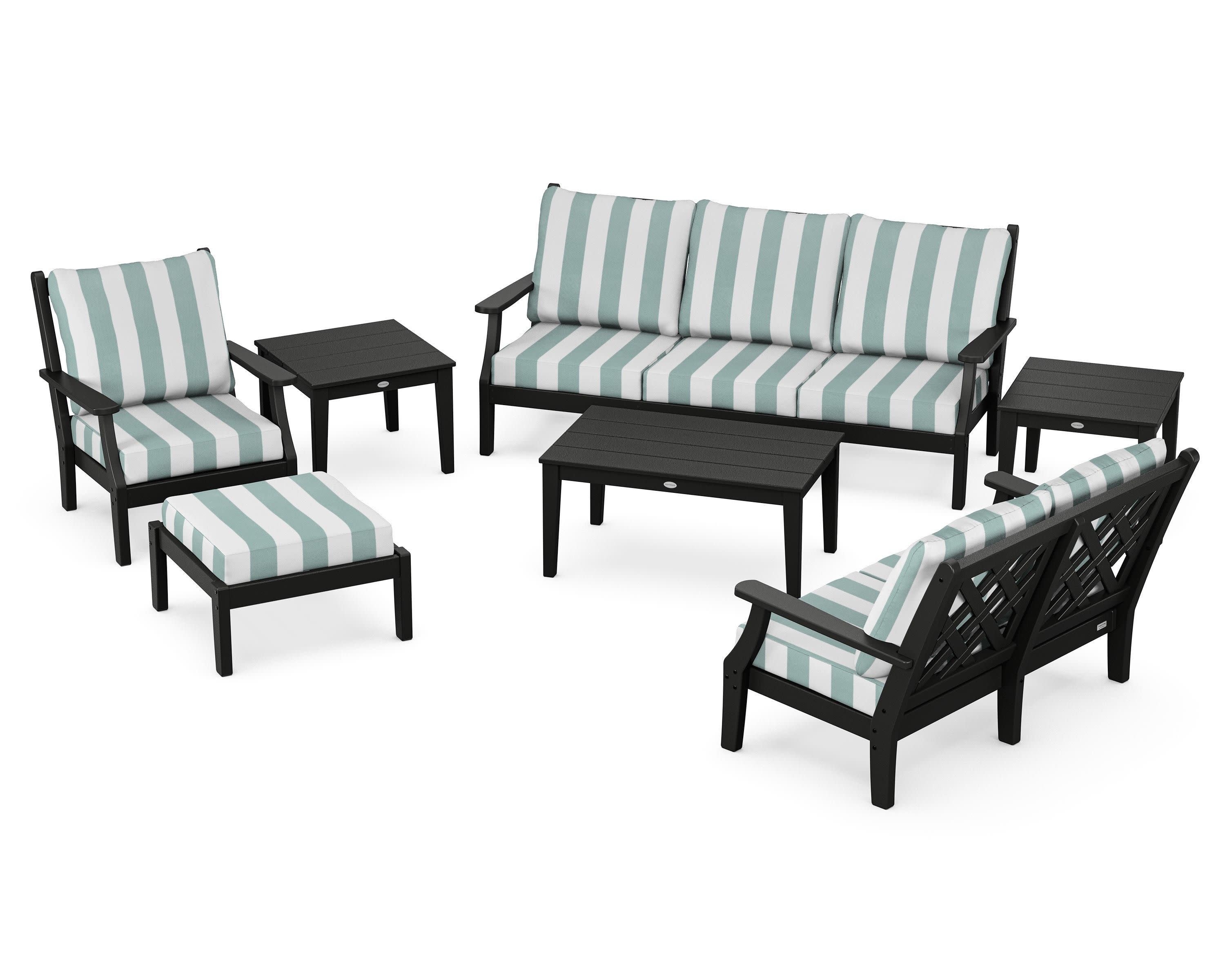 Wovendale 7-Piece Deep Seating Set in Black / Cabana Stripe Glacier Spa