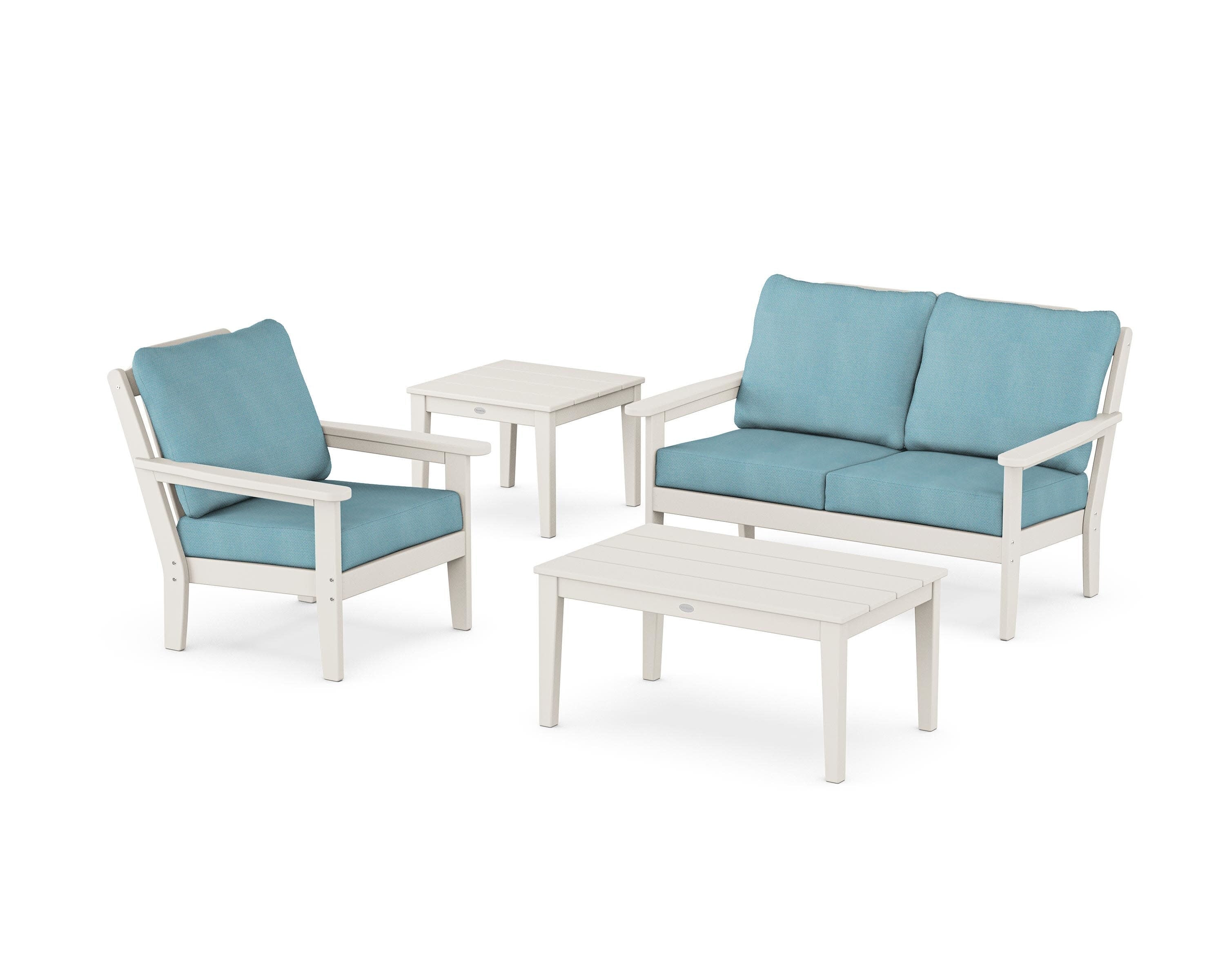 Wovendale 4-Piece Deep Seating Set in Sand / Lattice Sky Blue