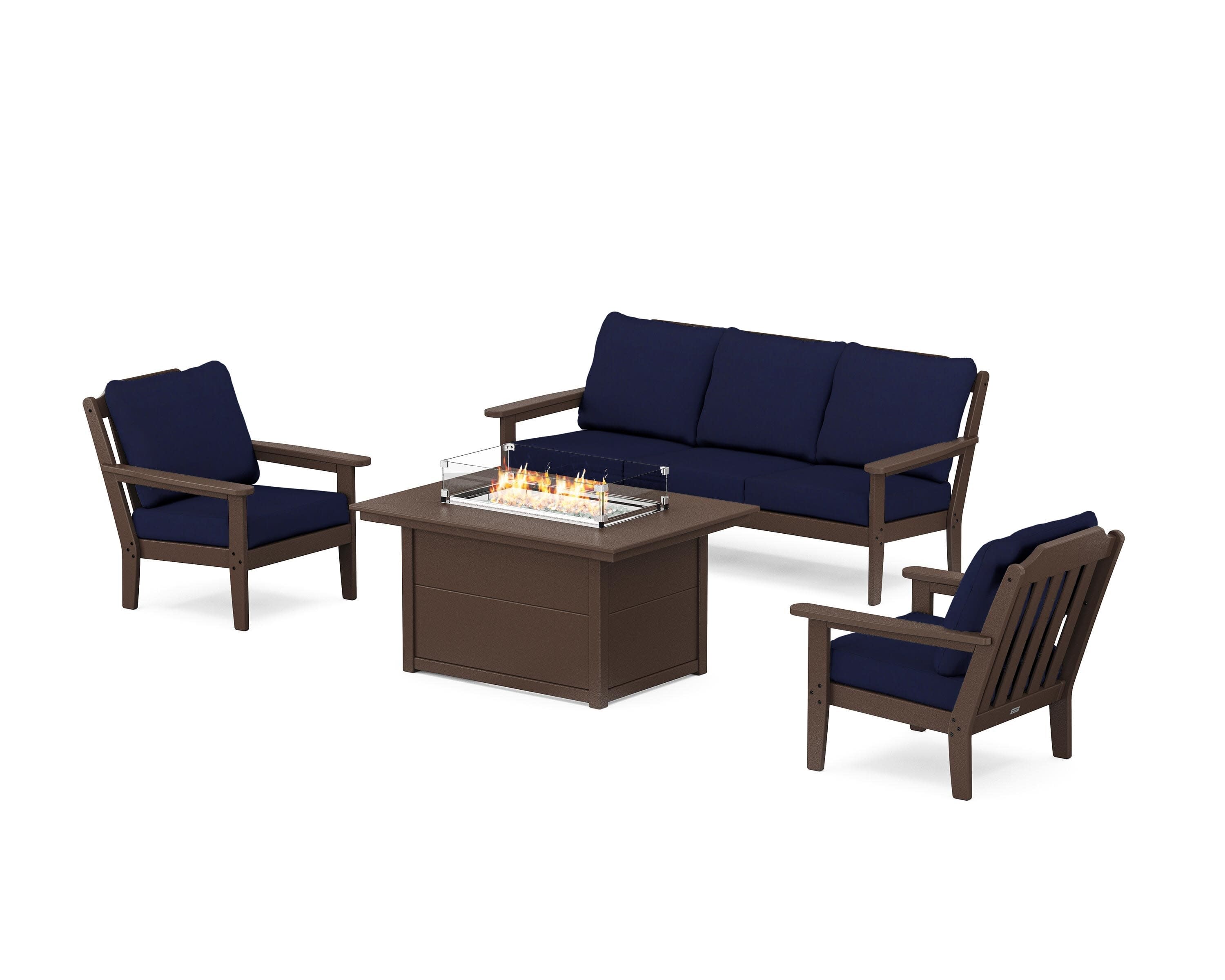 Cottage Deep Seating Fire Pit Table Set in Mahogany / Navy