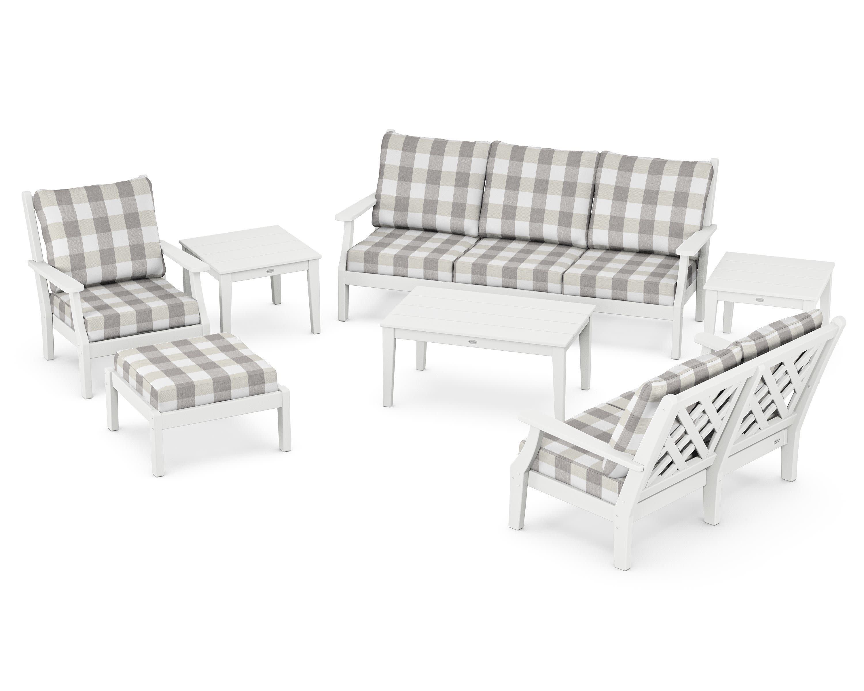 Wovendale 7-Piece Deep Seating Set in White / Buffalo Plaid Grey Mist