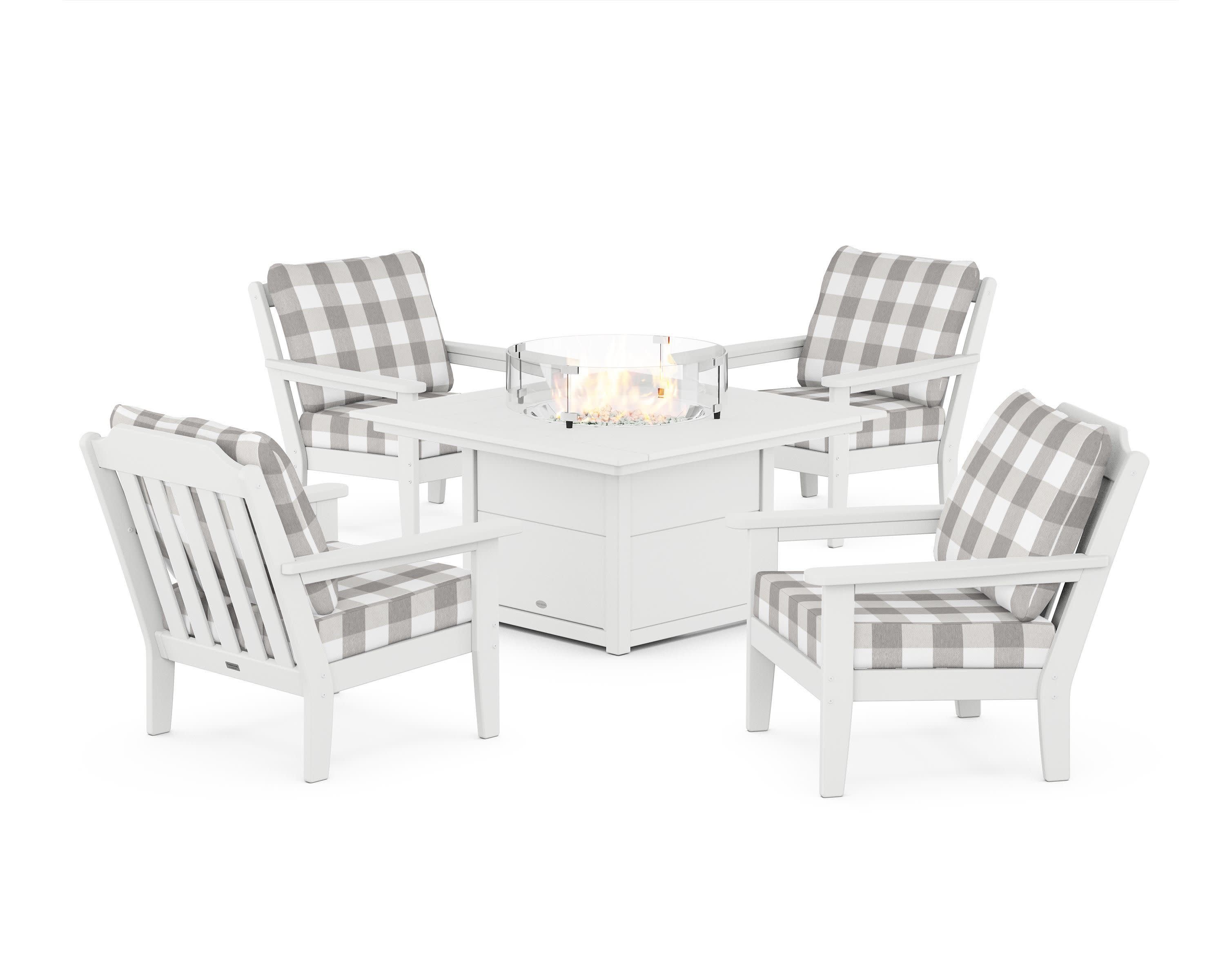 Cottage 5-Piece Deep Seating Set with Fire Pit Table in White / Buffalo Plaid Grey Mist