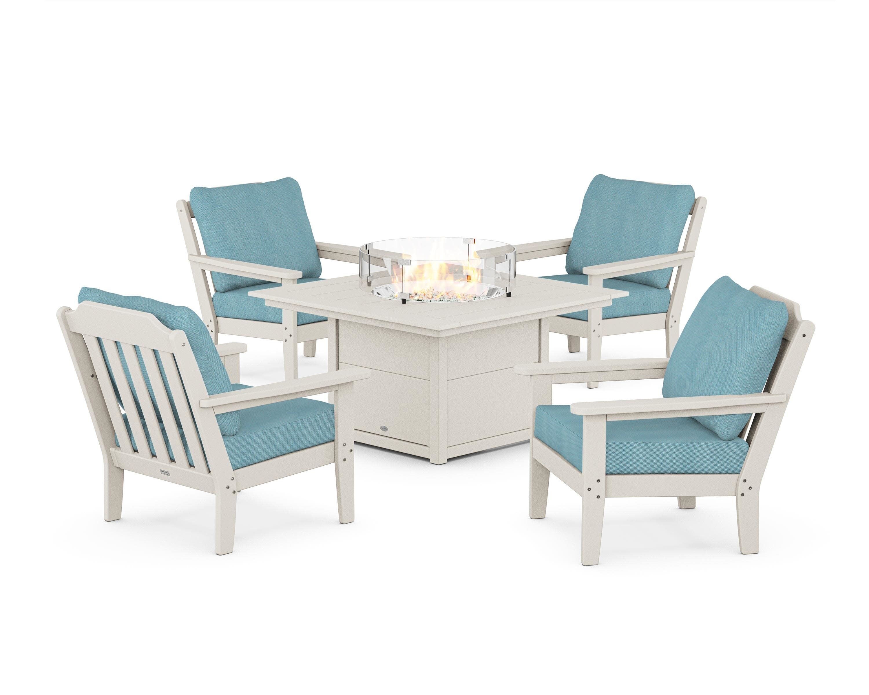 Cottage 5-Piece Deep Seating Set with Fire Pit Table in Sand / Lattice Sky Blue