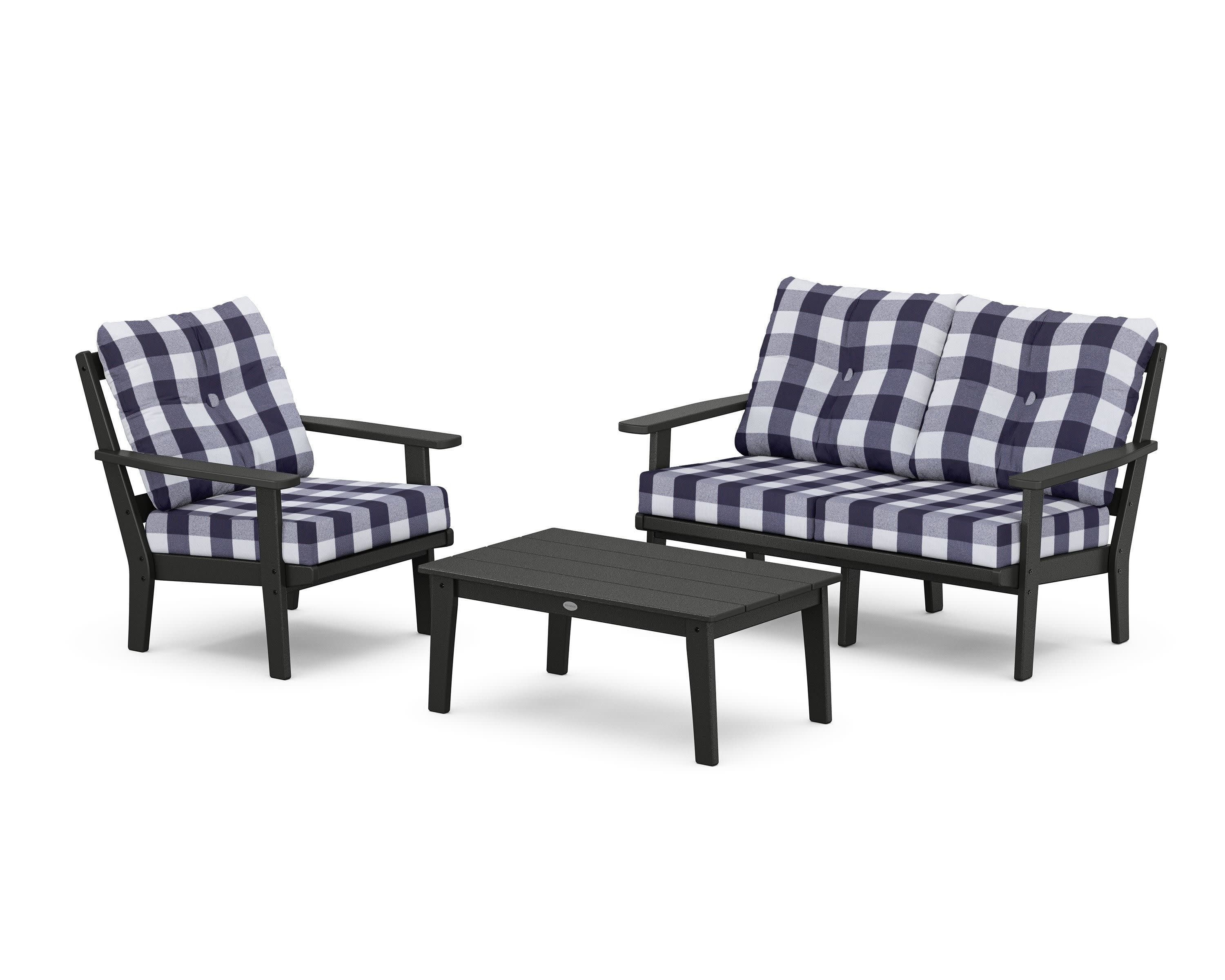 Prairie 3-Piece Deep Seating Set with Loveseat in Black / Buffalo Plaid Navy