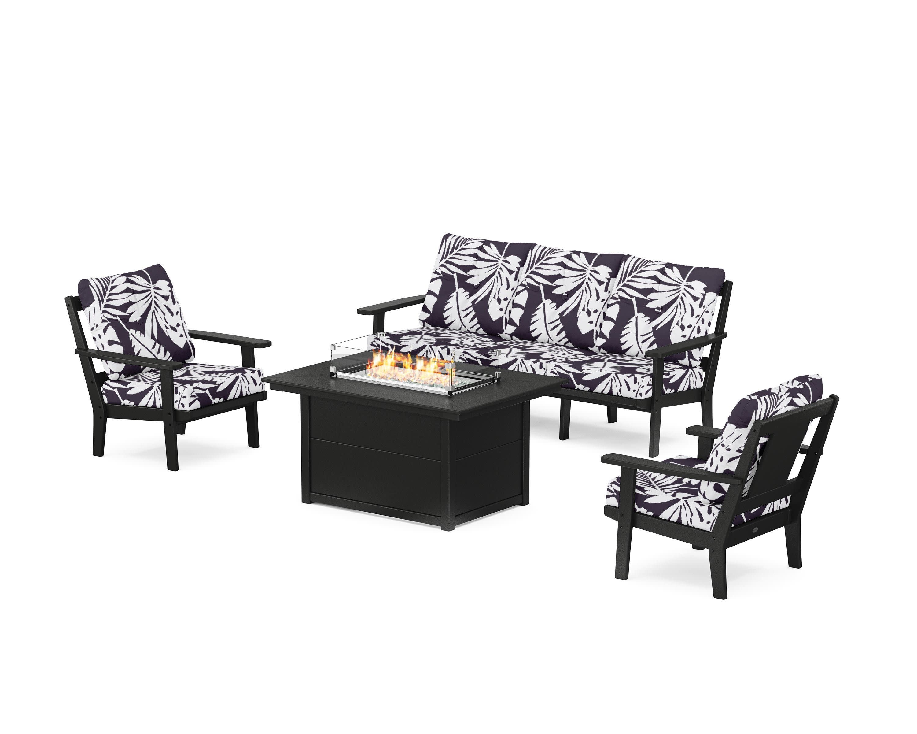 Prairie Deep Seating Fire Pit Table Set in Black / Leaf Navy