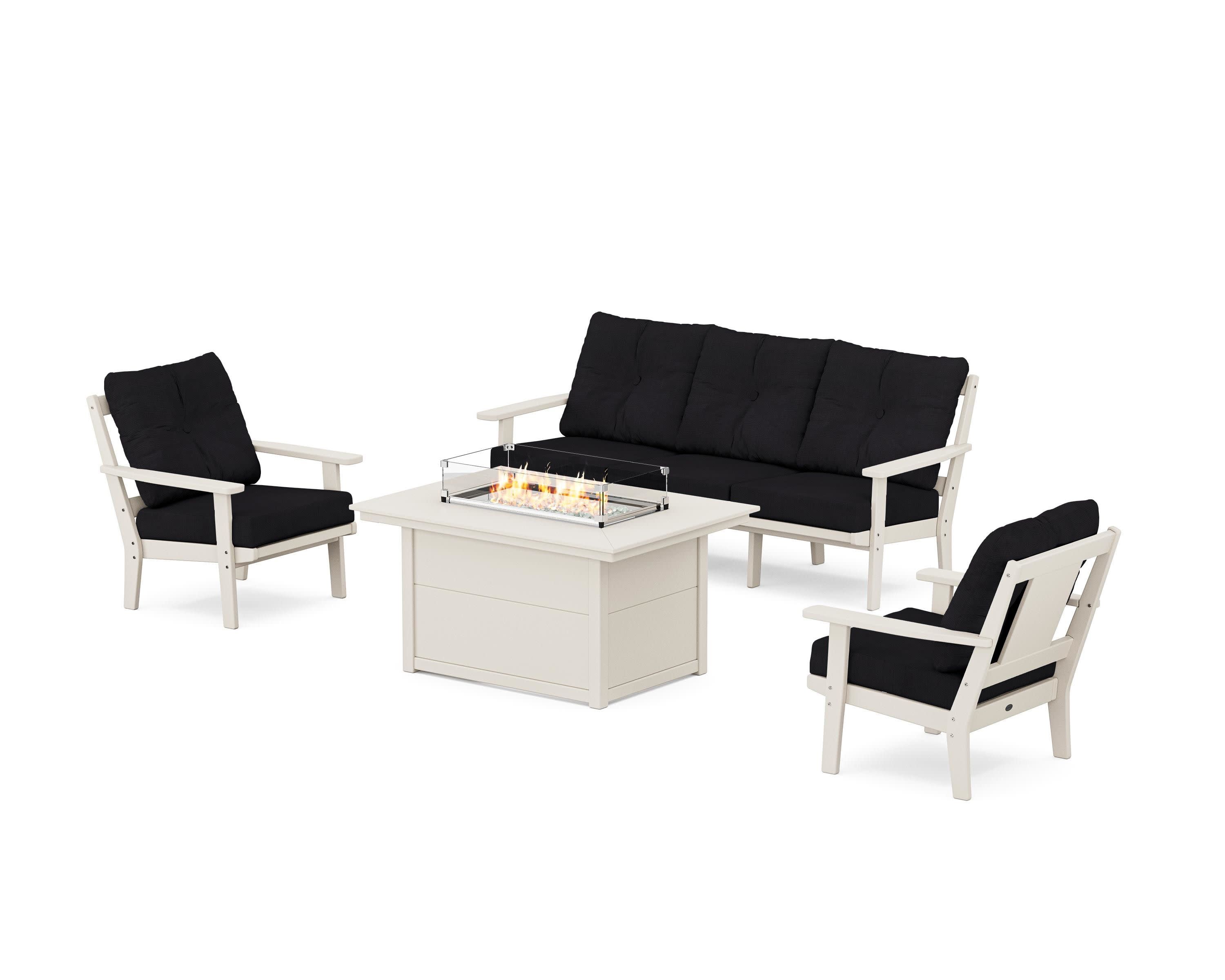 Prairie Deep Seating Fire Pit Table Set in Sand / Midnight Linen