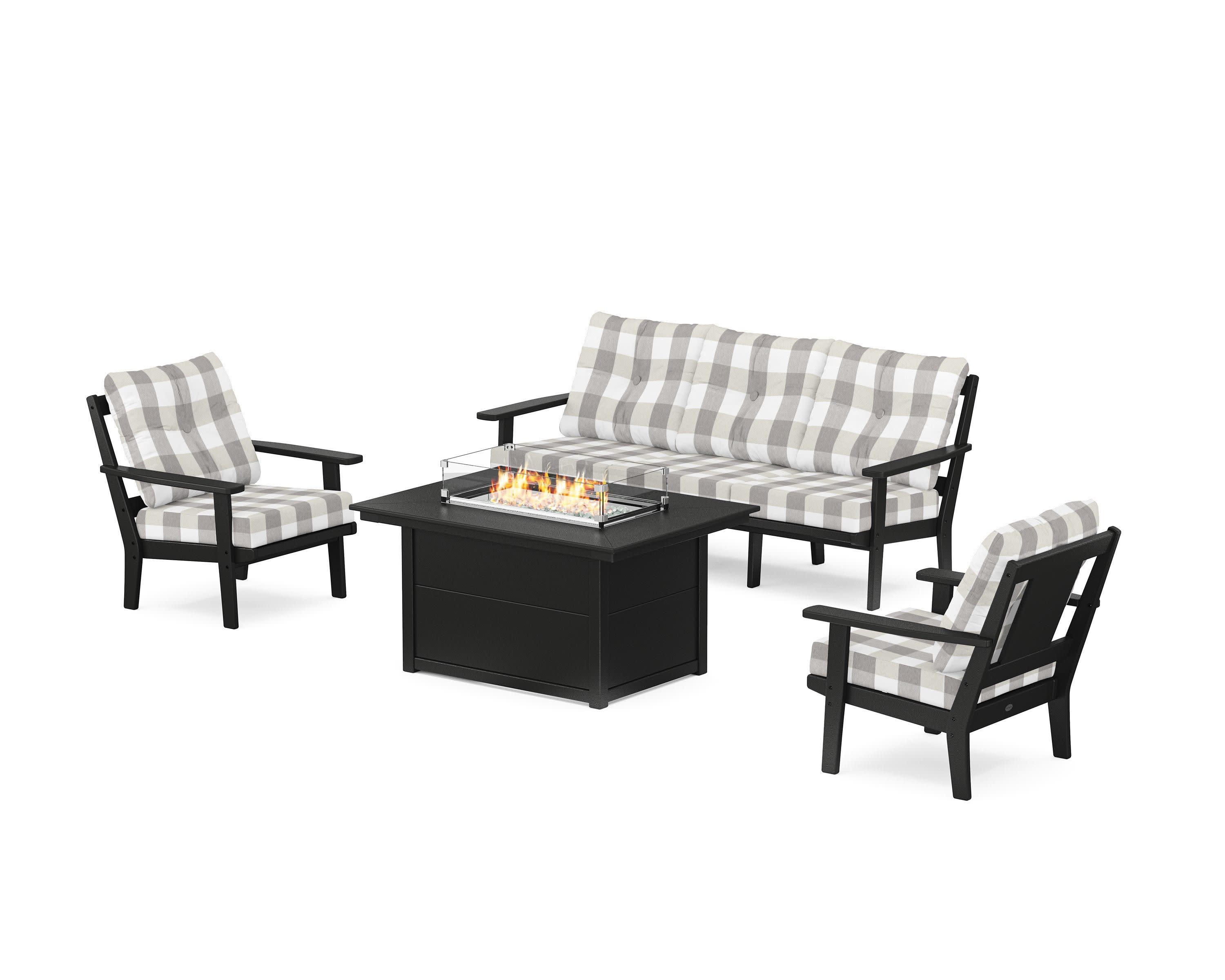 Prairie Deep Seating Fire Pit Table Set in Black / Buffalo Plaid Grey Mist