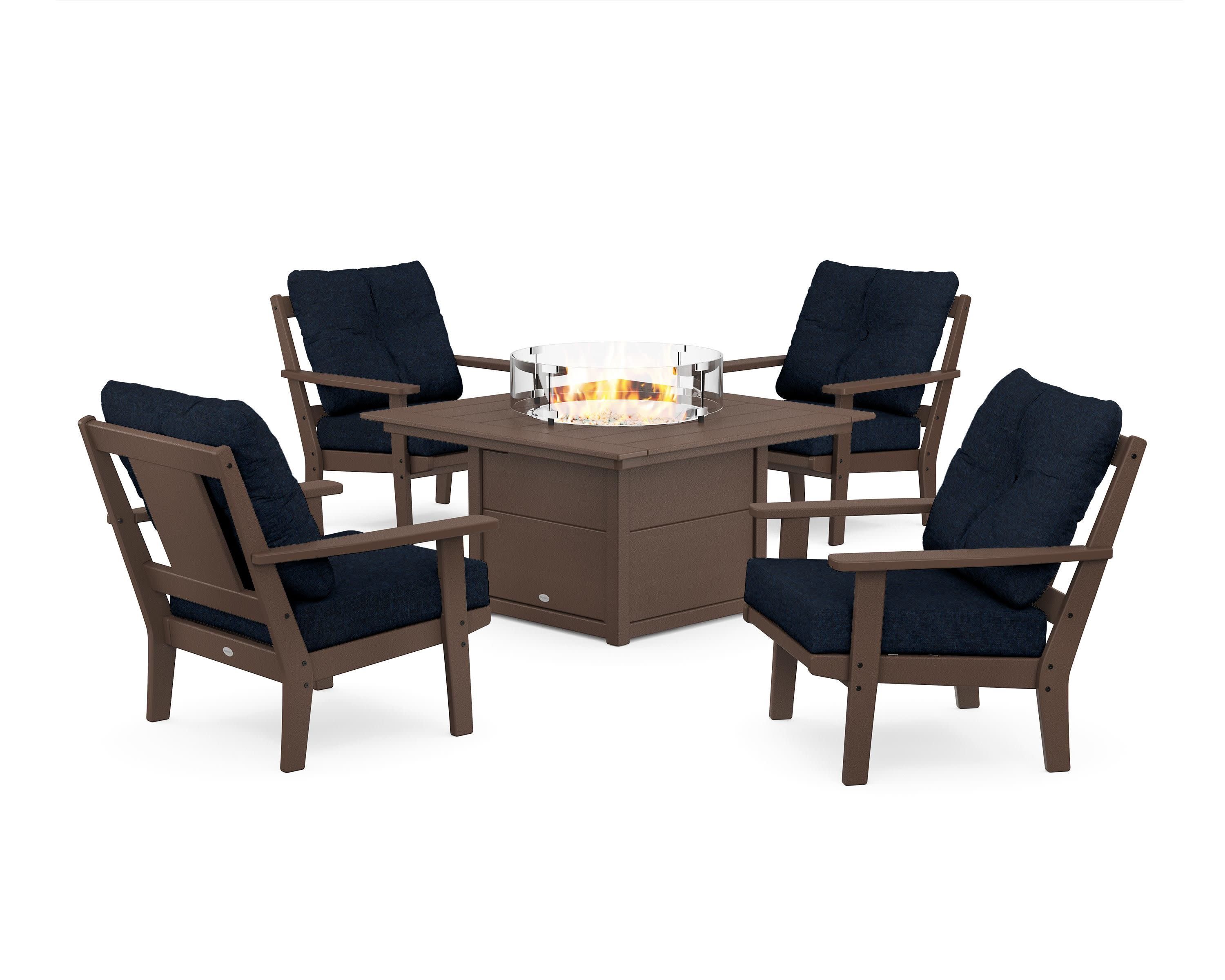Prairie 5-Piece Deep Seating Set with Fire Pit Table in Mahogany / Marine Indigo