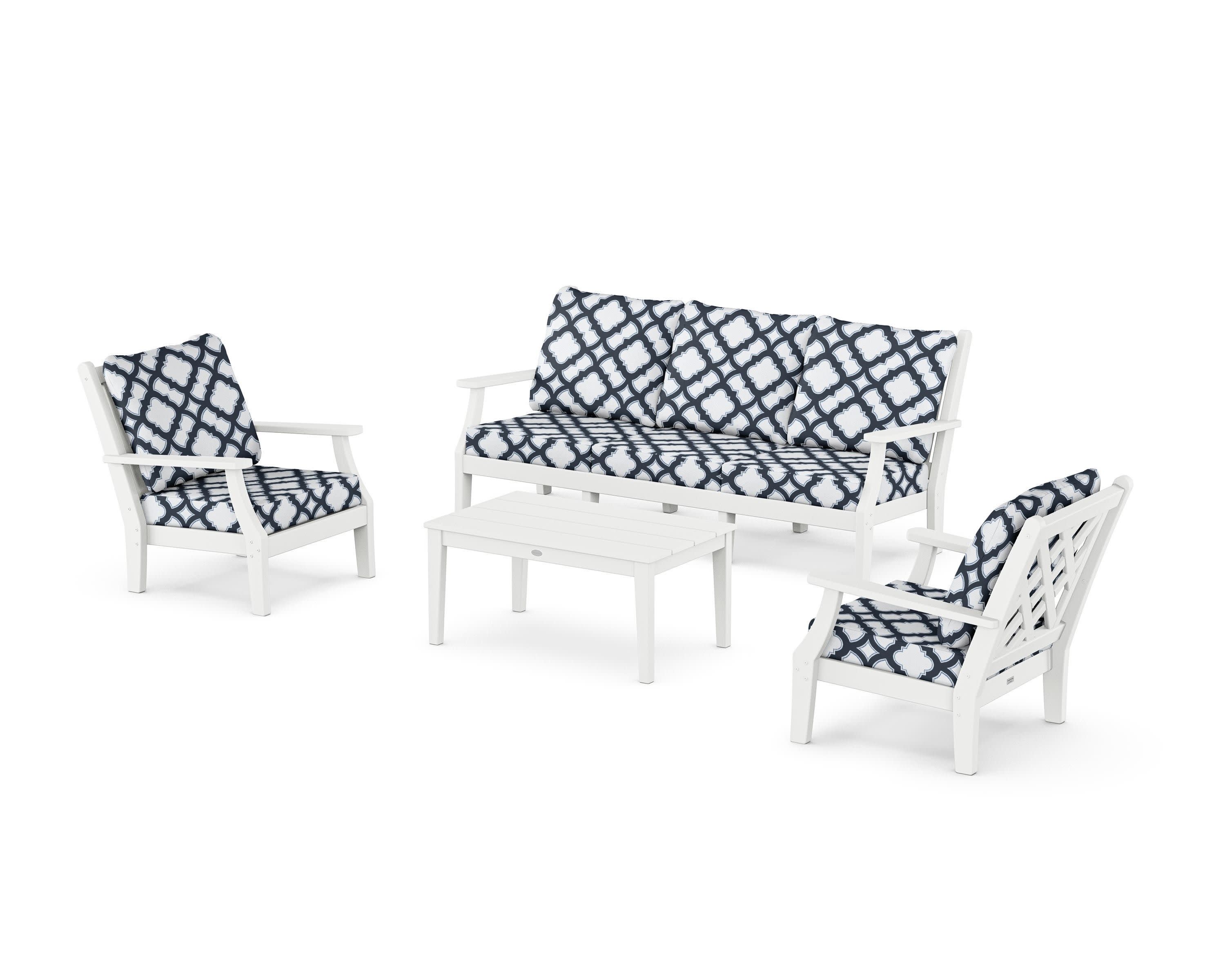 Wovendale 4-Piece Deep Seating Set with Sofa in White / Trellis Marine Indigo