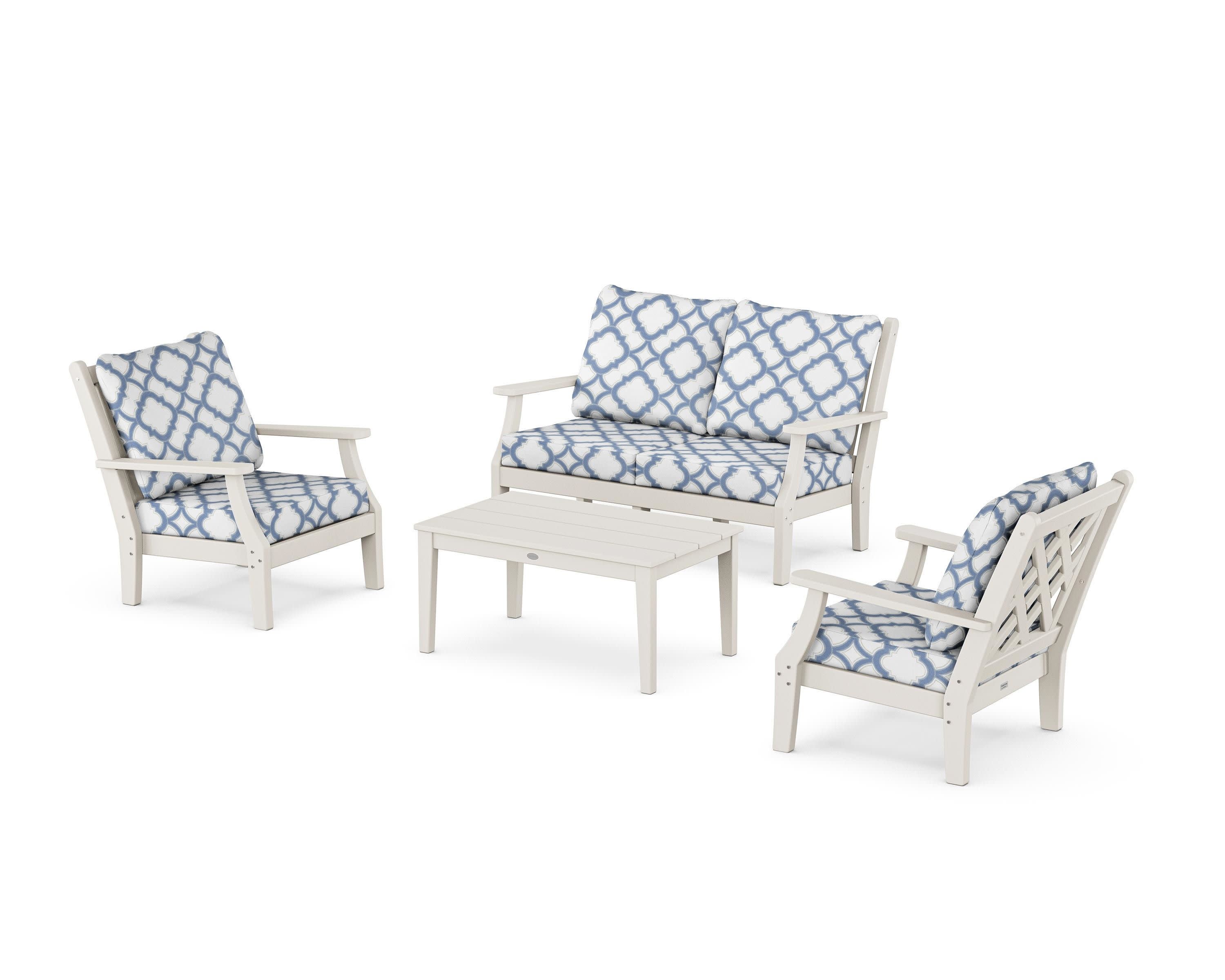Wovendale 4-Piece Deep Seating Set with Loveseat in Sand / Trellis Sky Blue