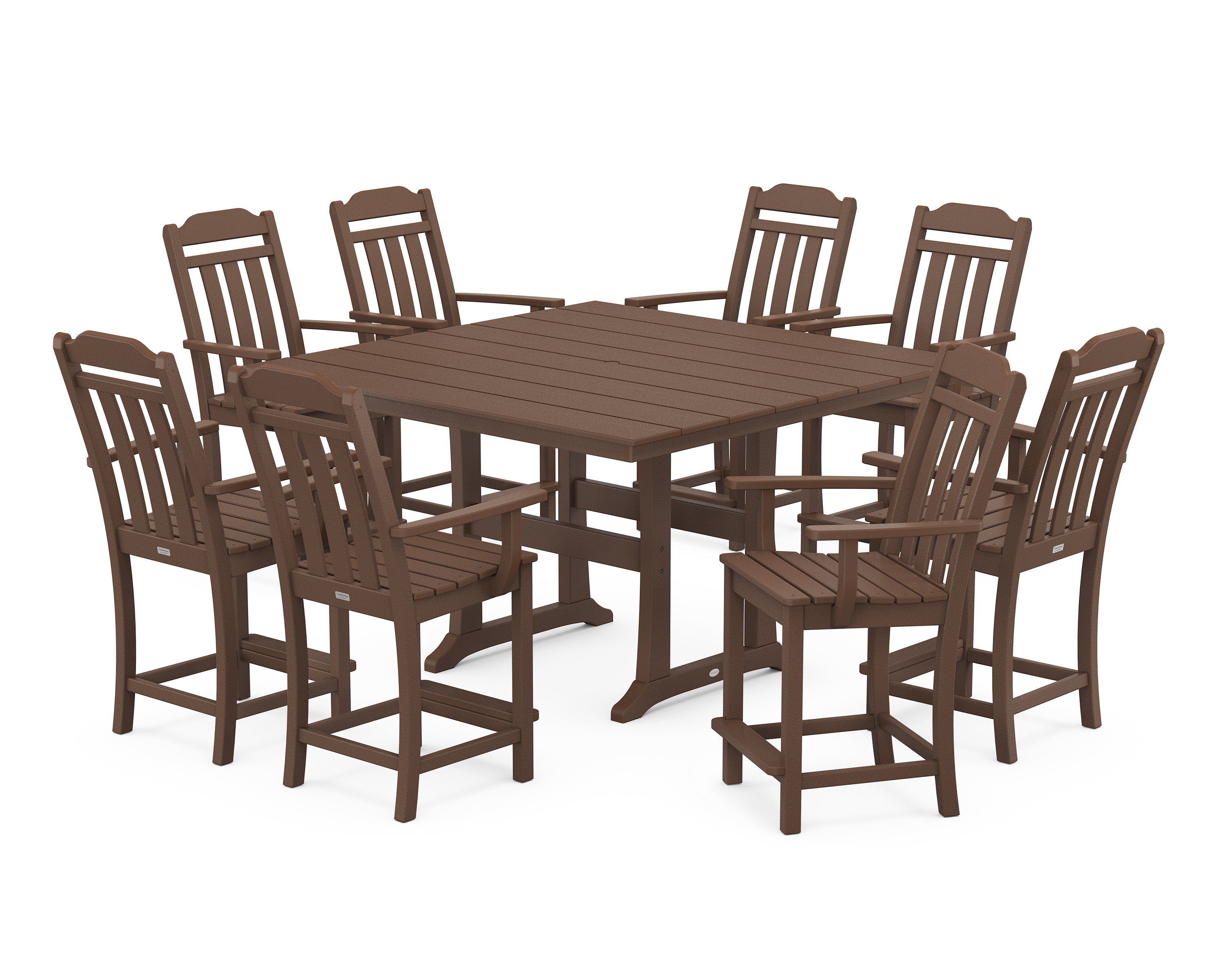 Cottage 9-Piece Square Farmhouse Counter Set with Trestle Legs in Mahogany