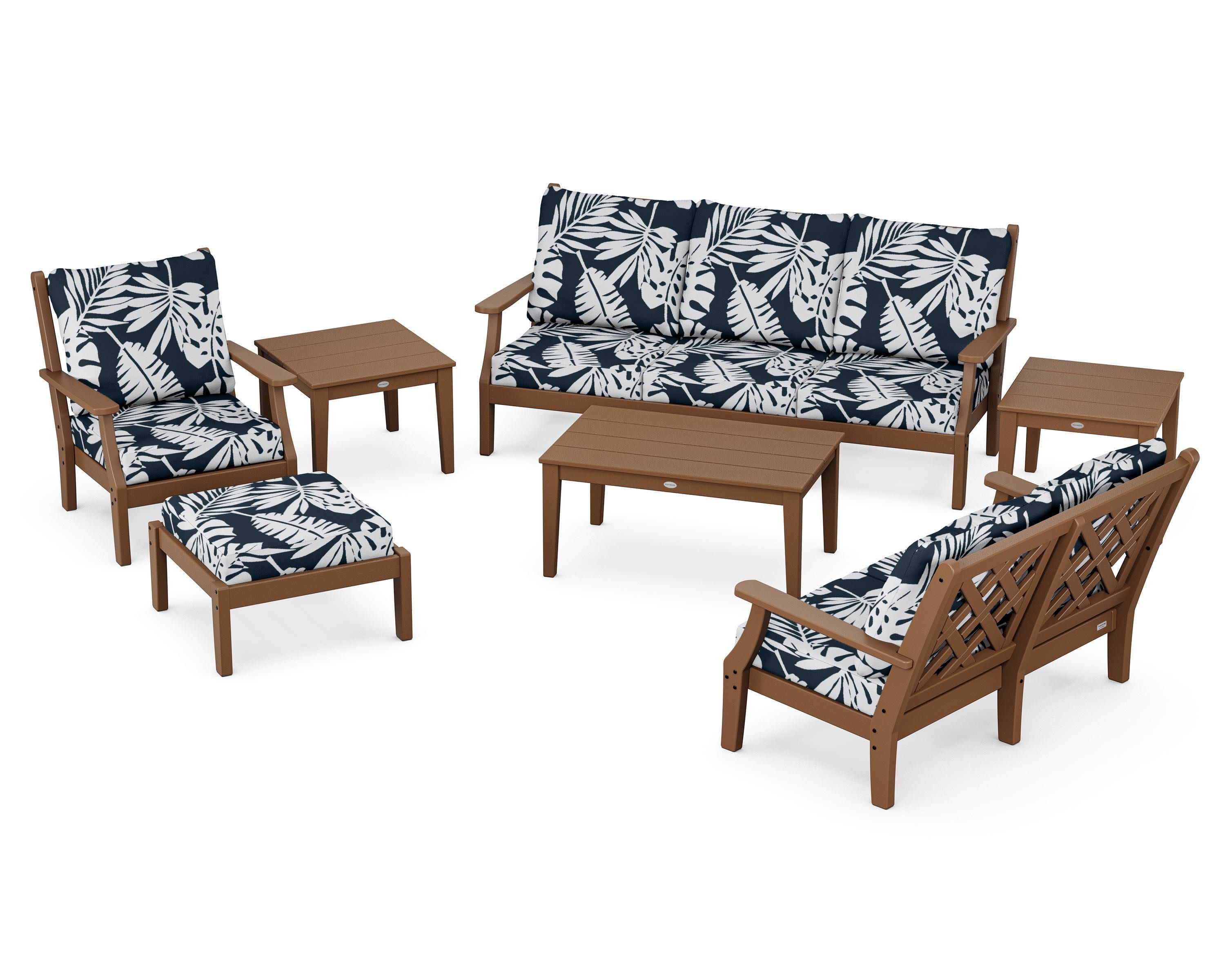 Wovendale 7-Piece Deep Seating Set in Teak / Leaf Marine Indigo