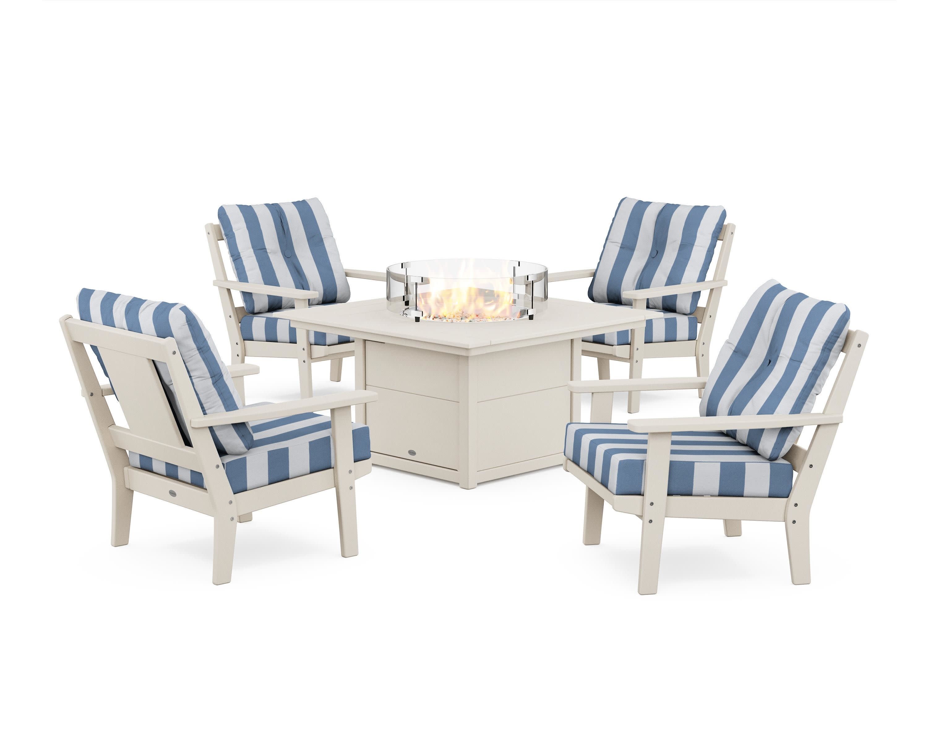 Prairie 5-Piece Deep Seating Set with Fire Pit Table in Sand / Cabana Stripe Sky Blue