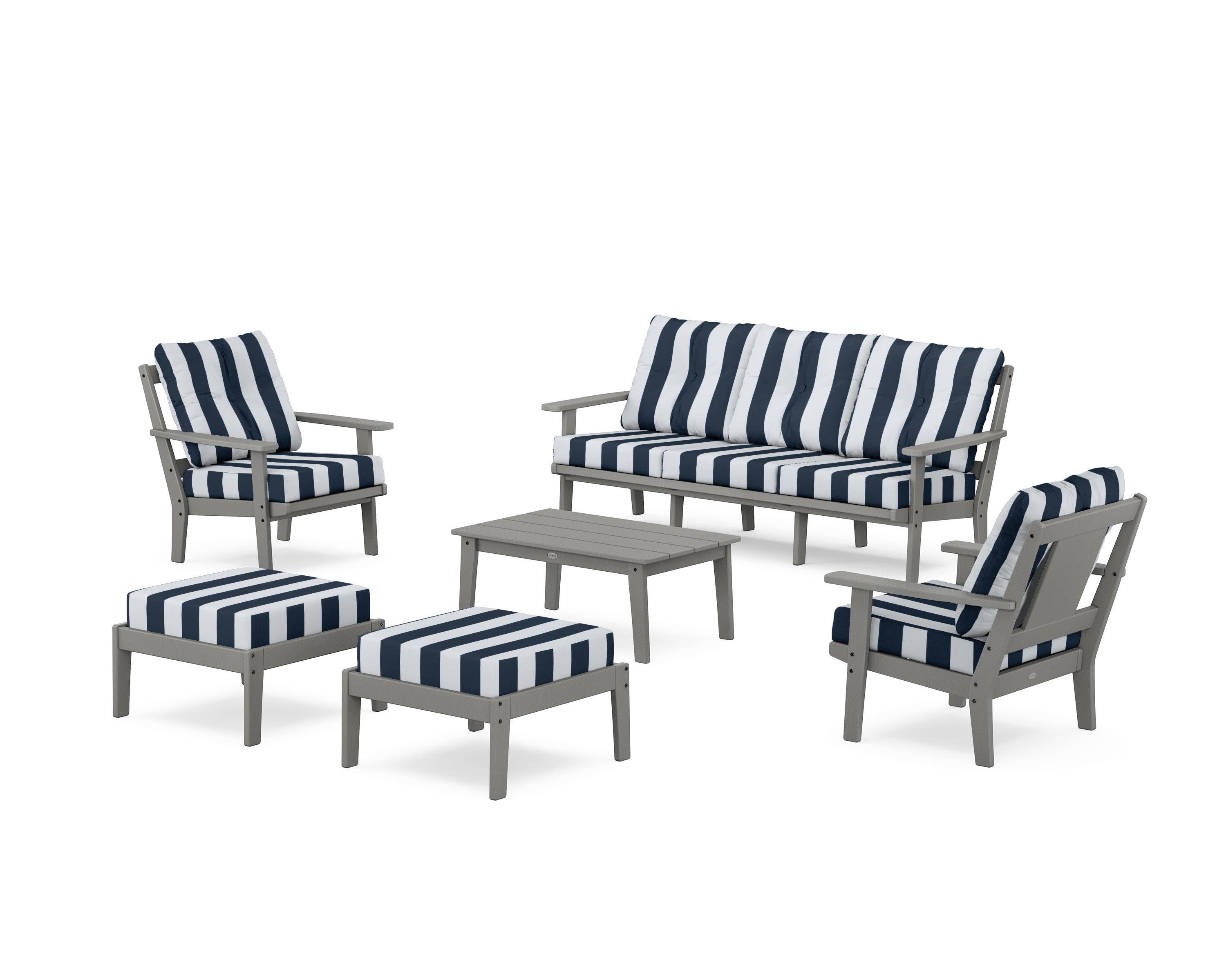 Prairie 6-Piece Lounge Sofa Set in Slate Grey / Cabana Stripe Marine Indigo