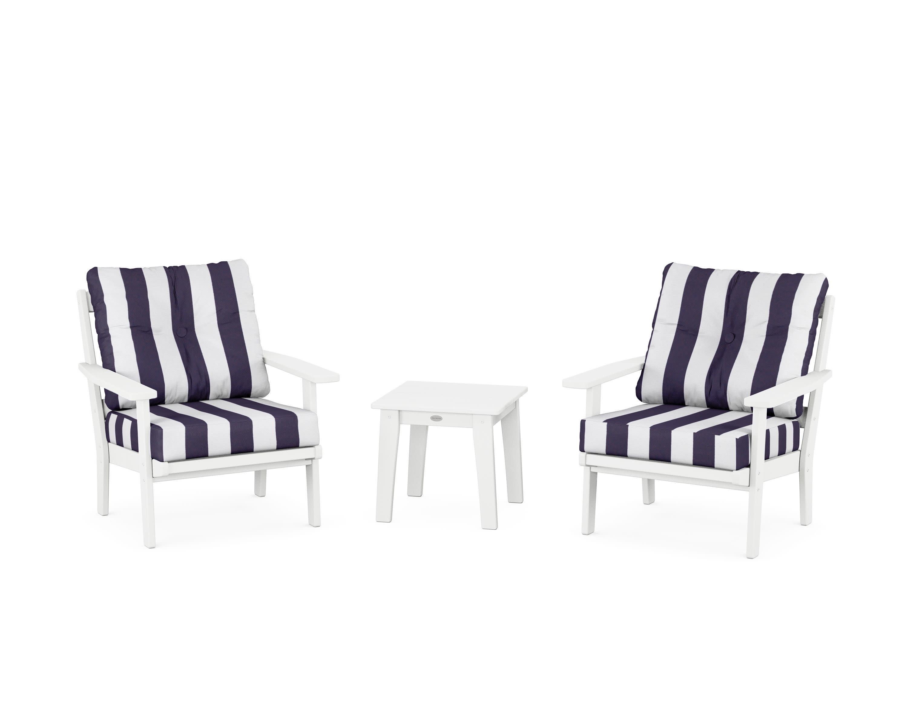 Prairie 3-Piece Deep Seating Set in White / Cabana Stripe Navy