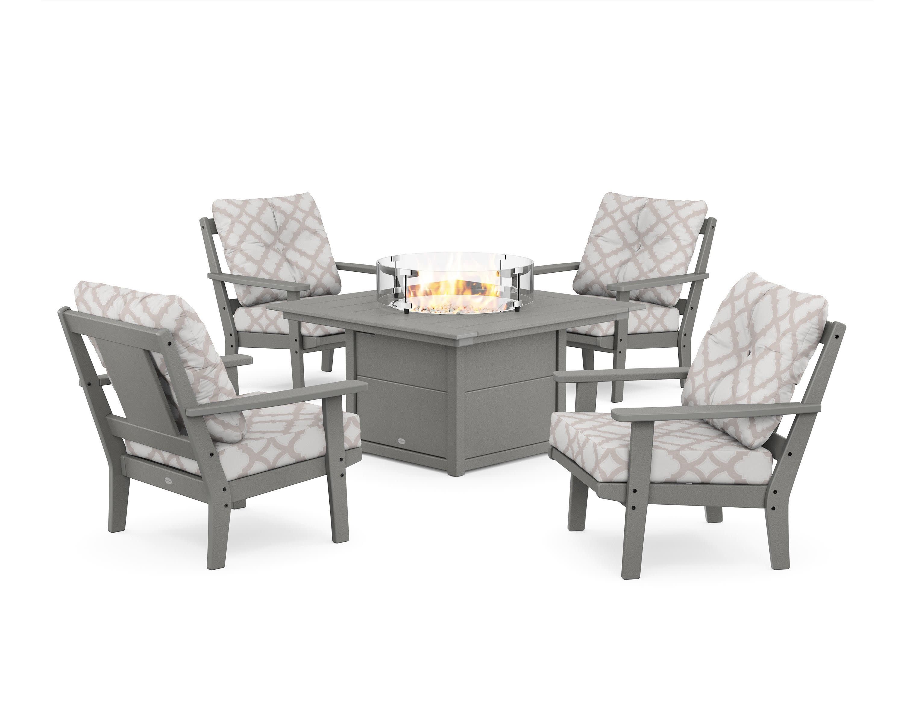 Prairie 5-Piece Deep Seating Set with Fire Pit Table in Slate Grey / Trellis Dune Burlap