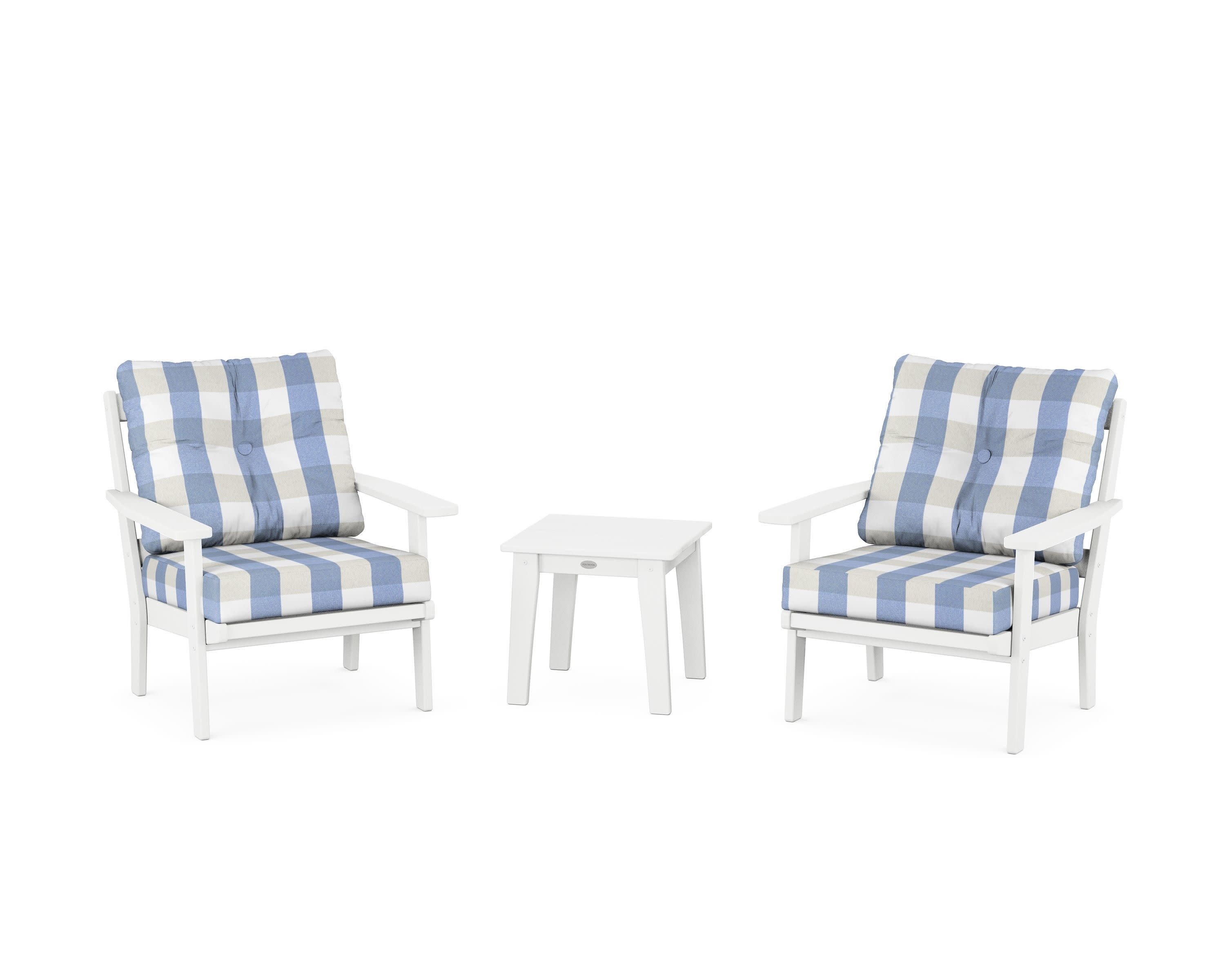 Prairie 3-Piece Deep Seating Set in White / Buffalo Plaid Sky Blue
