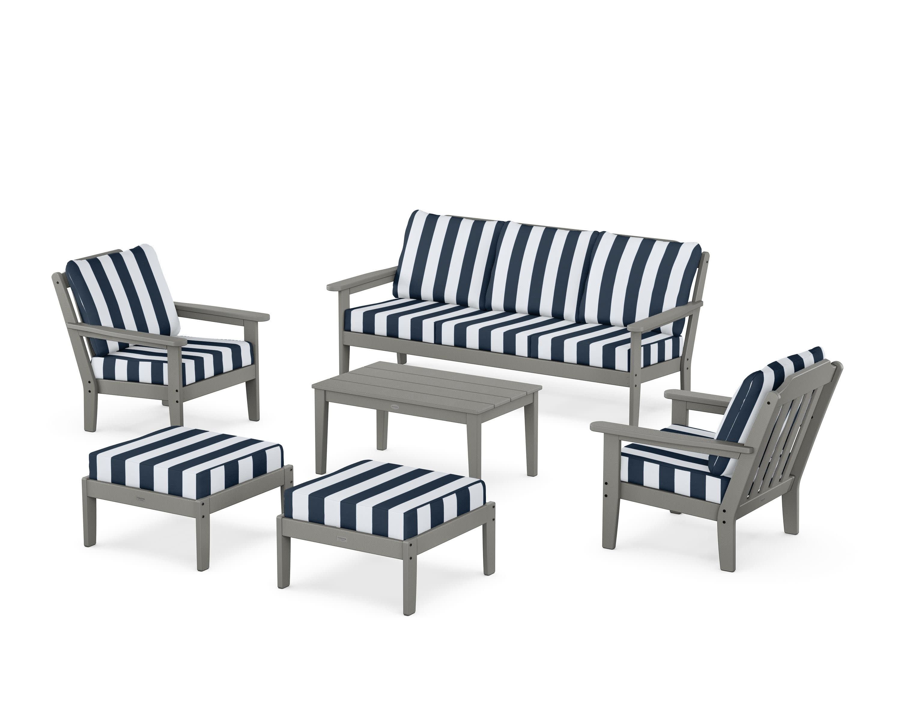 Cottage 6-Piece Lounge Sofa Set in Slate Grey / Cabana Stripe Marine Indigo