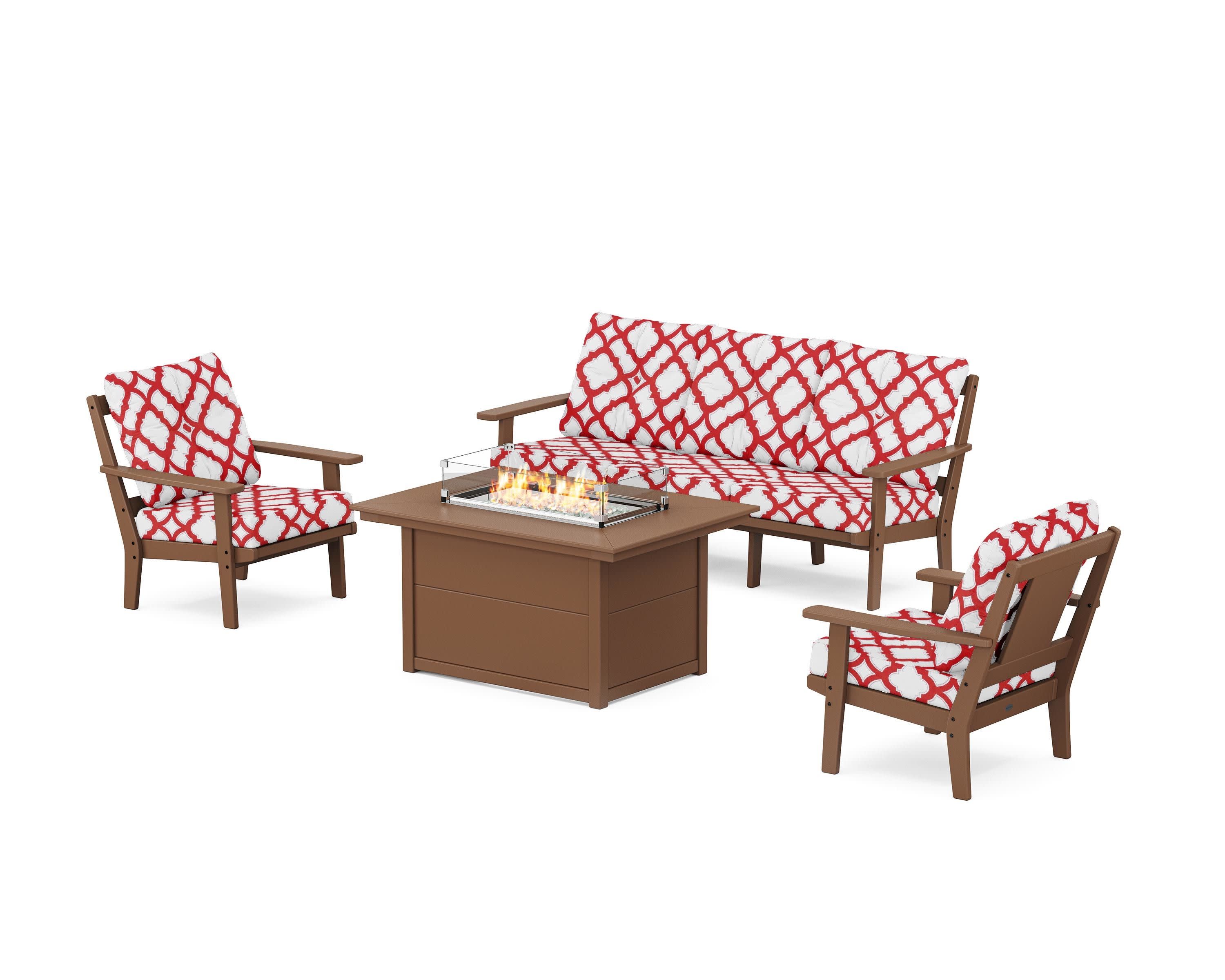 Prairie Deep Seating Fire Pit Table Set in Teak / Trellis Crimson