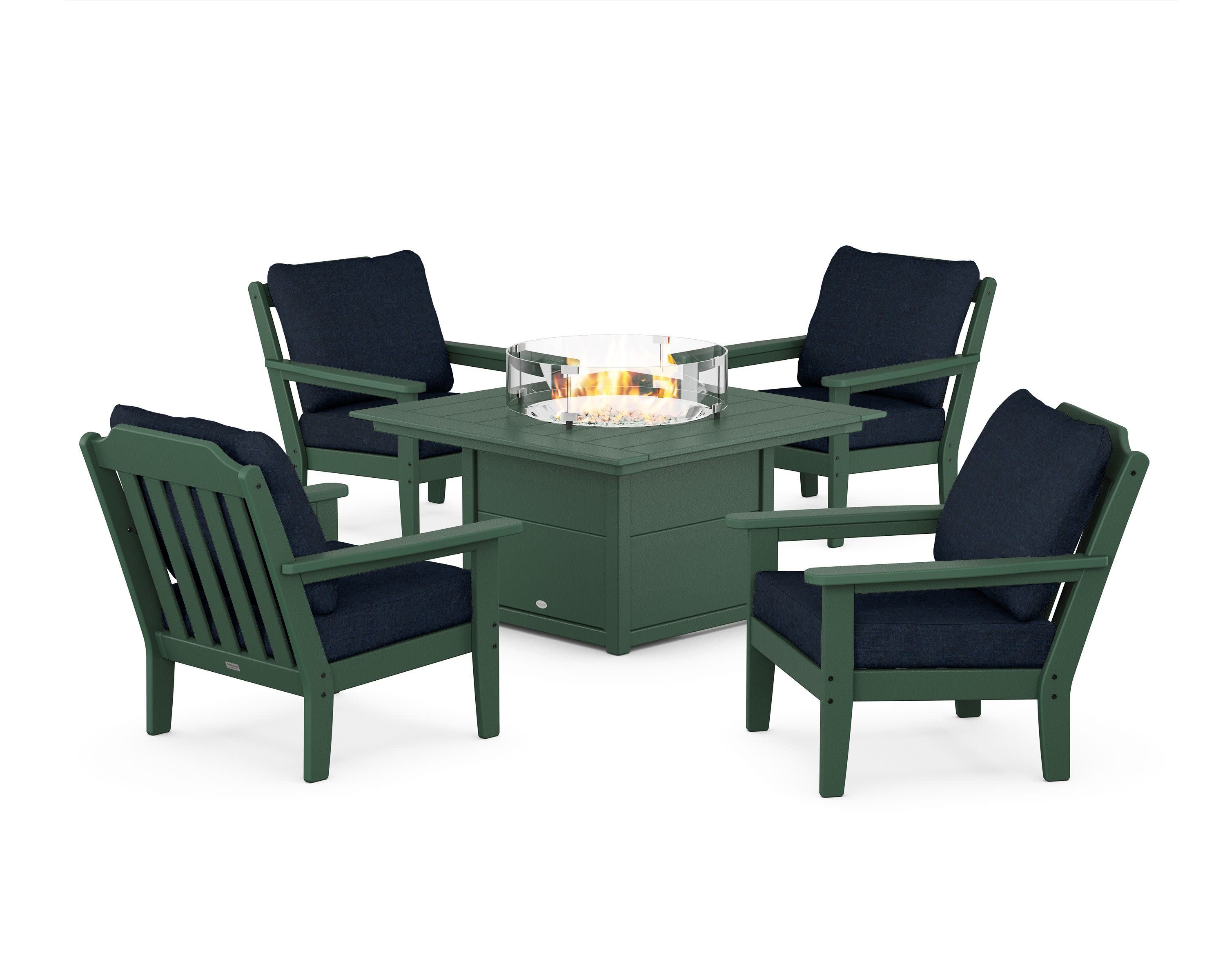 Cottage 5-Piece Deep Seating Set with Fire Pit Table in Green / Marine Indigo