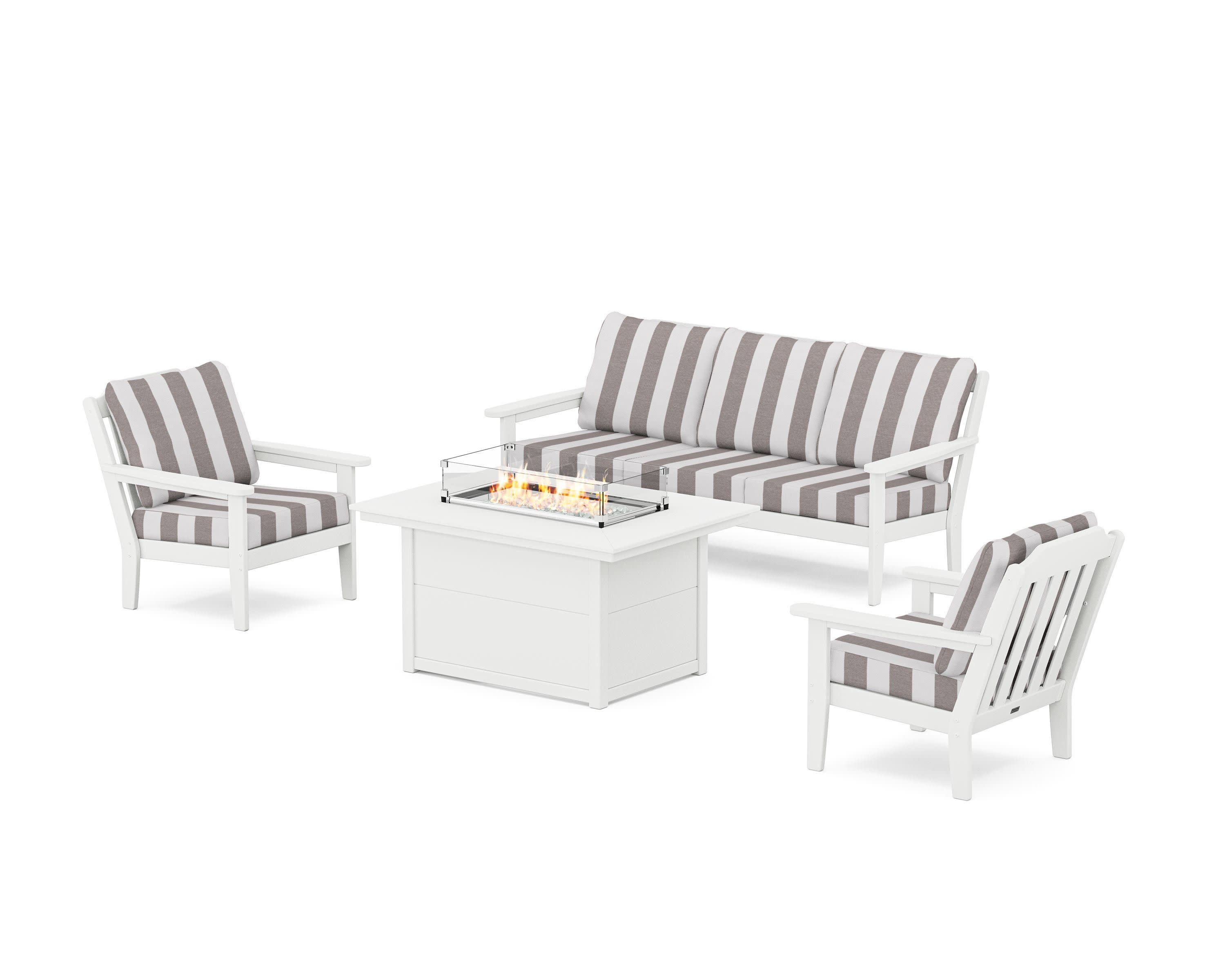 Cottage Deep Seating Fire Pit Table Set in White / Cabana Stripe Grey Mist