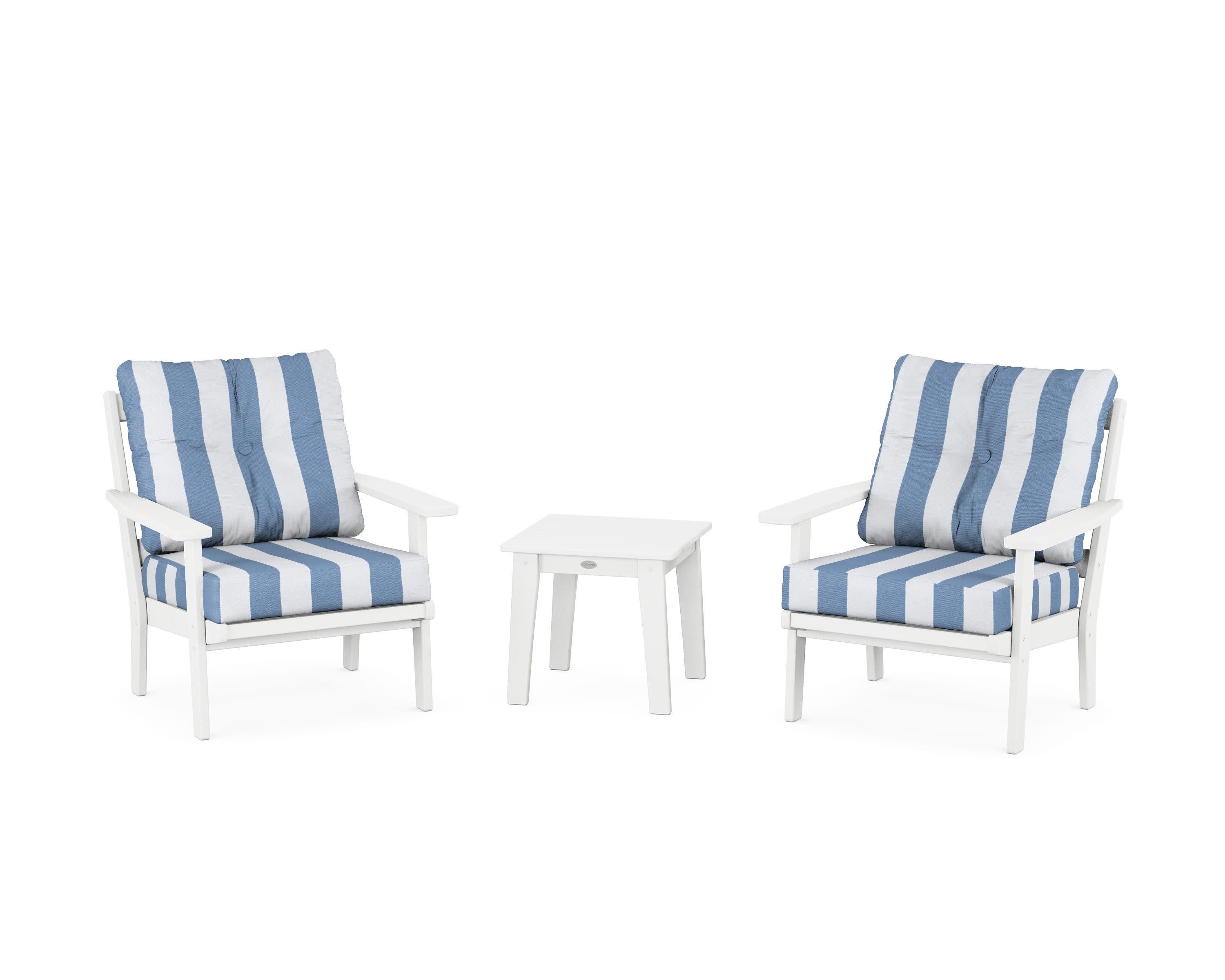 Prairie 3-Piece Deep Seating Set in White / Cabana Stripe Sky Blue