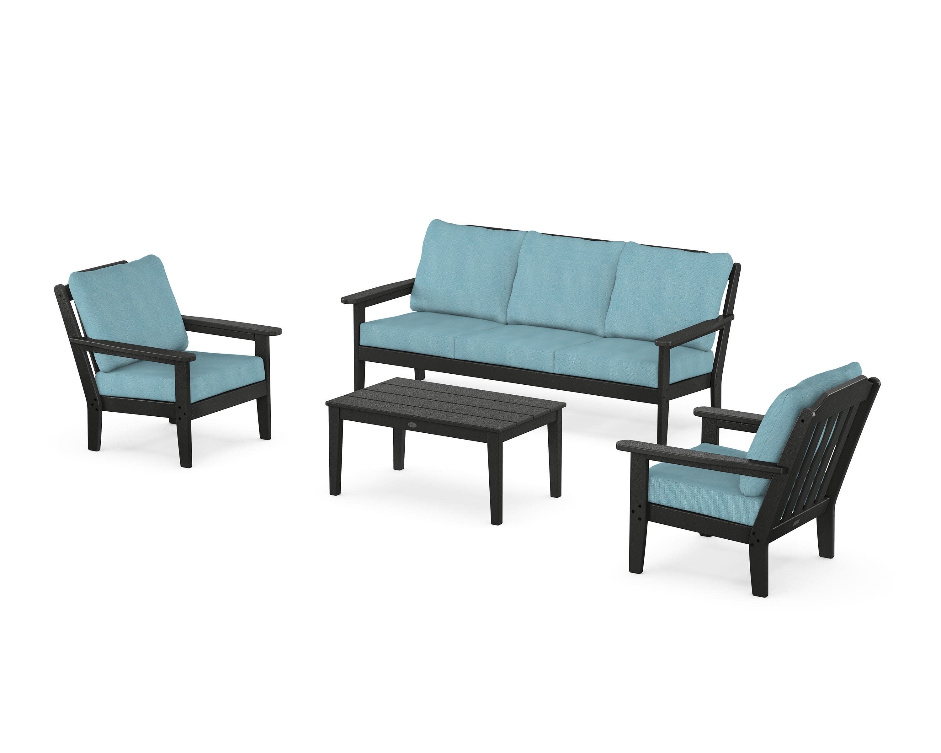 Cottage 4-Piece Deep Seating Set with Sofa in Black / Lattice Sky Blue