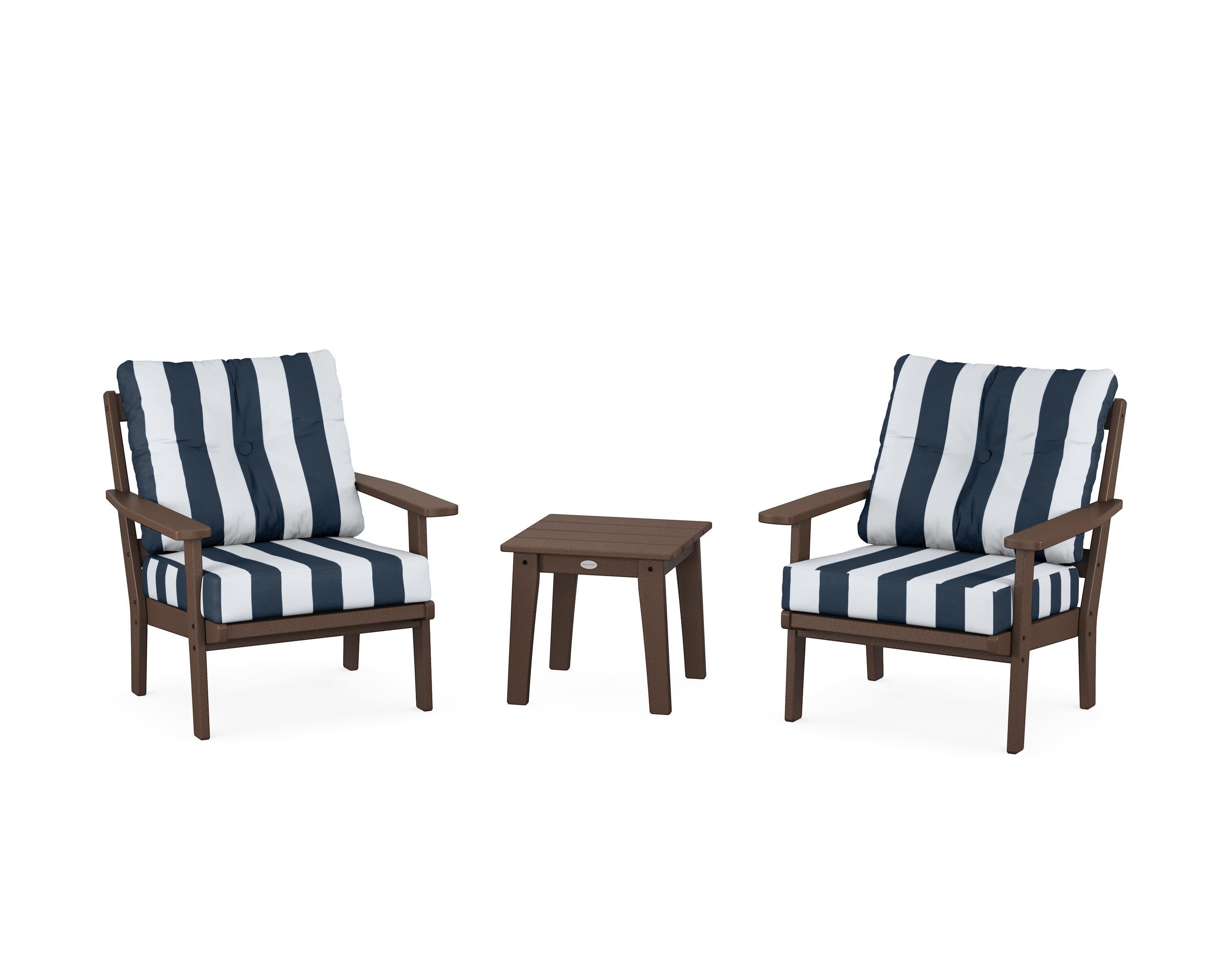 Prairie 3-Piece Deep Seating Set in Mahogany / Cabana Stripe Marine Indigo