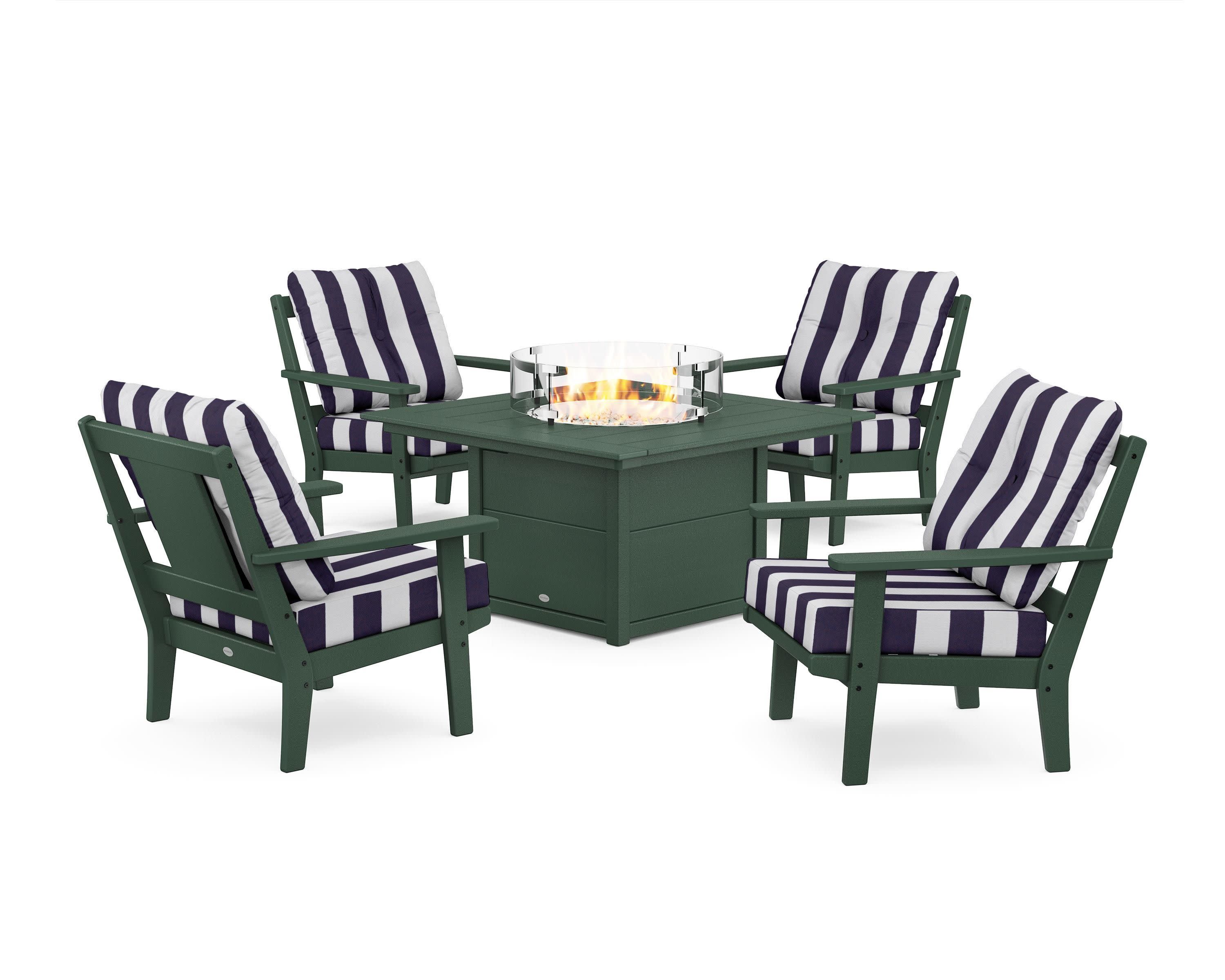 Prairie 5-Piece Deep Seating Set with Fire Pit Table in Green / Cabana Stripe Navy