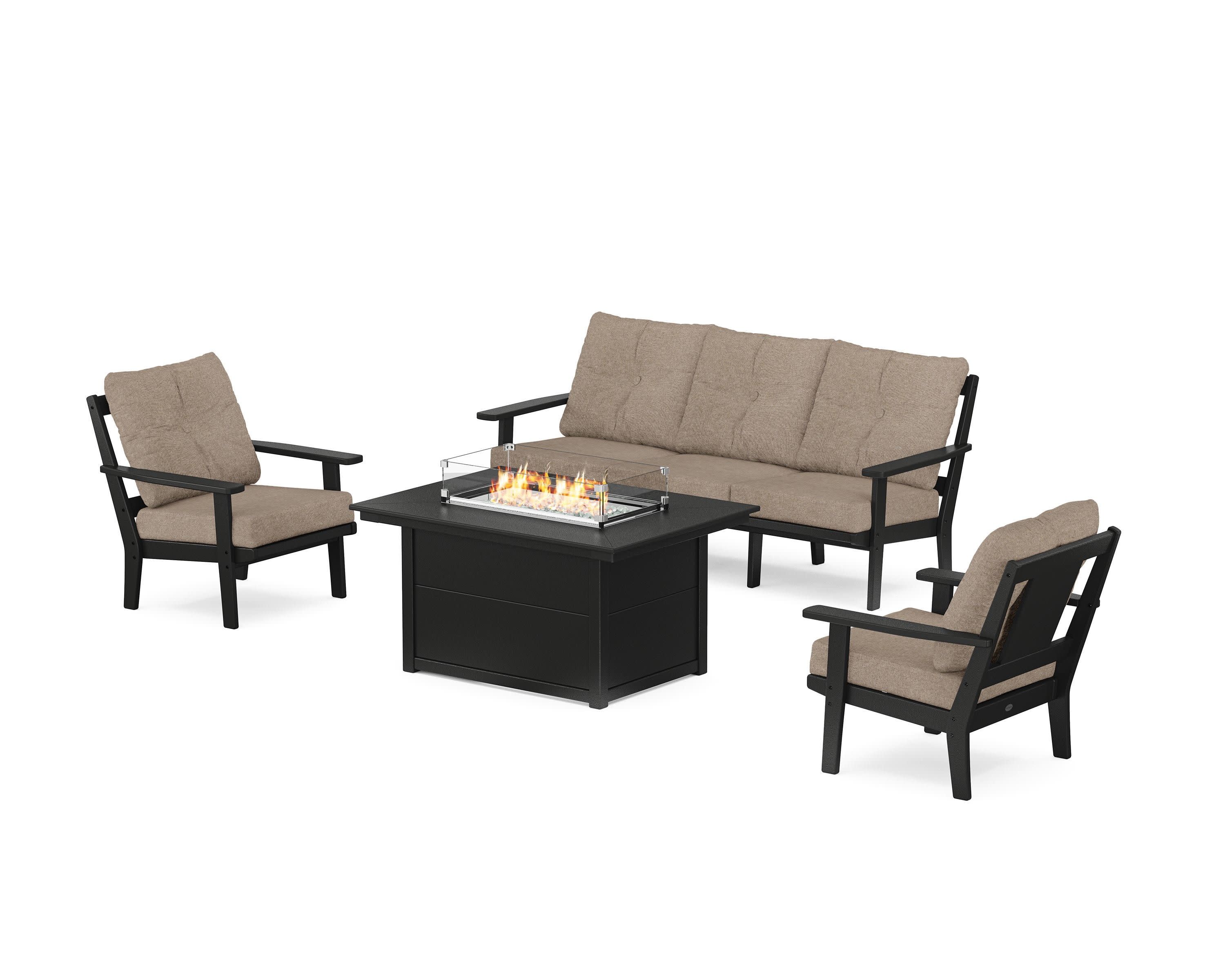 Prairie Deep Seating Fire Pit Table Set in Black / Spiced Burlap