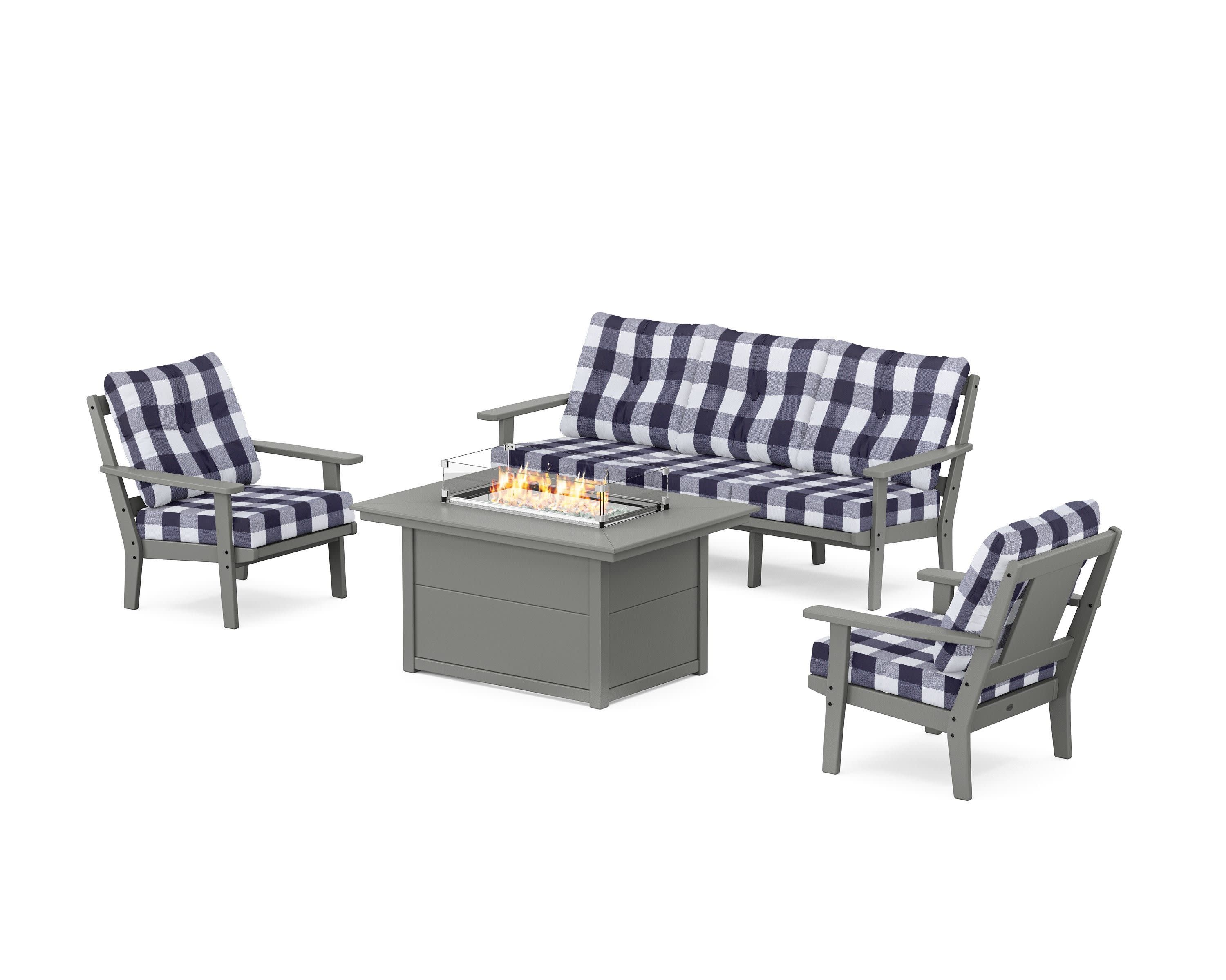 Prairie Deep Seating Fire Pit Table Set in Slate Grey / Buffalo Plaid Navy