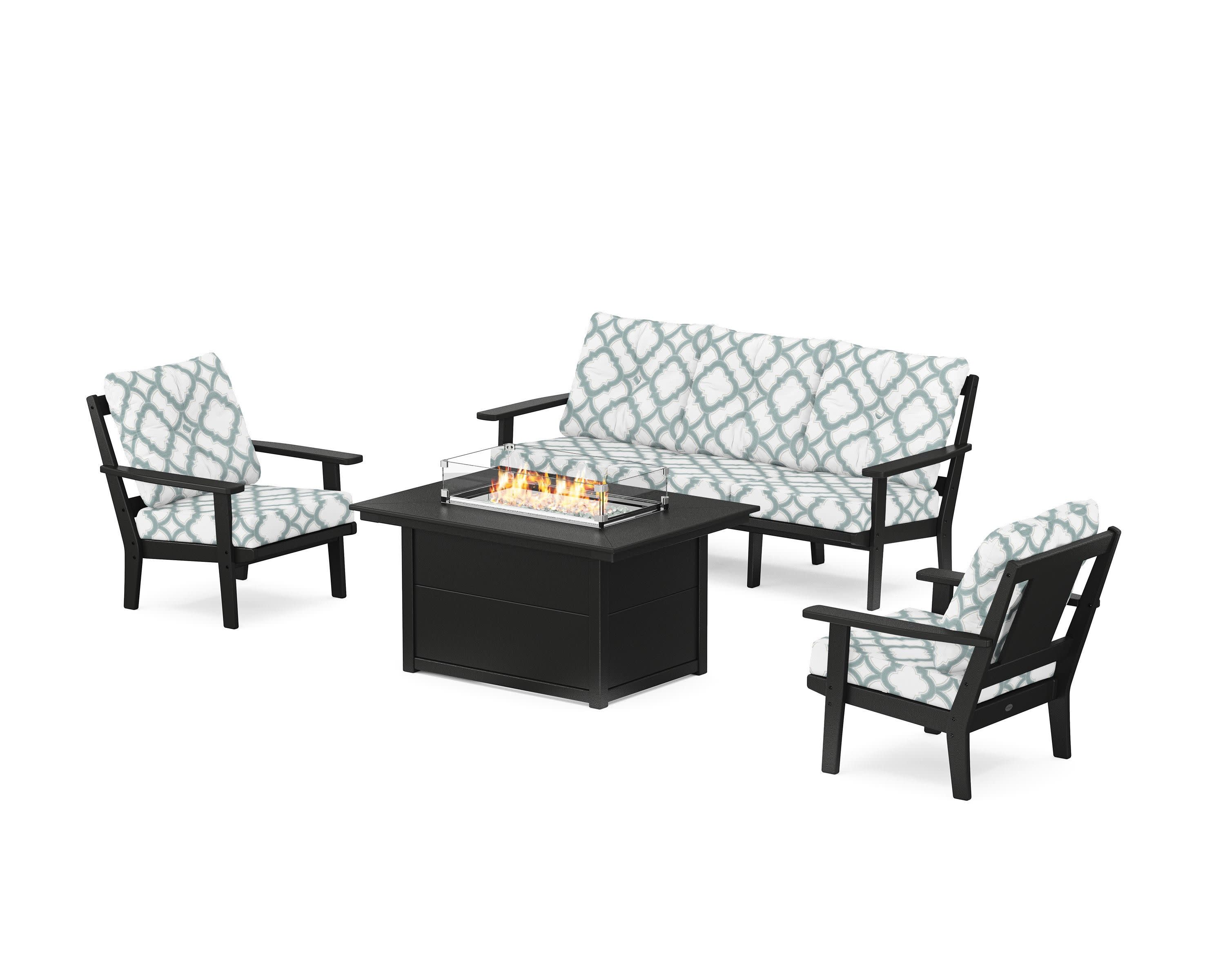 Prairie Deep Seating Fire Pit Table Set in Black / Trellis Glacier Spa