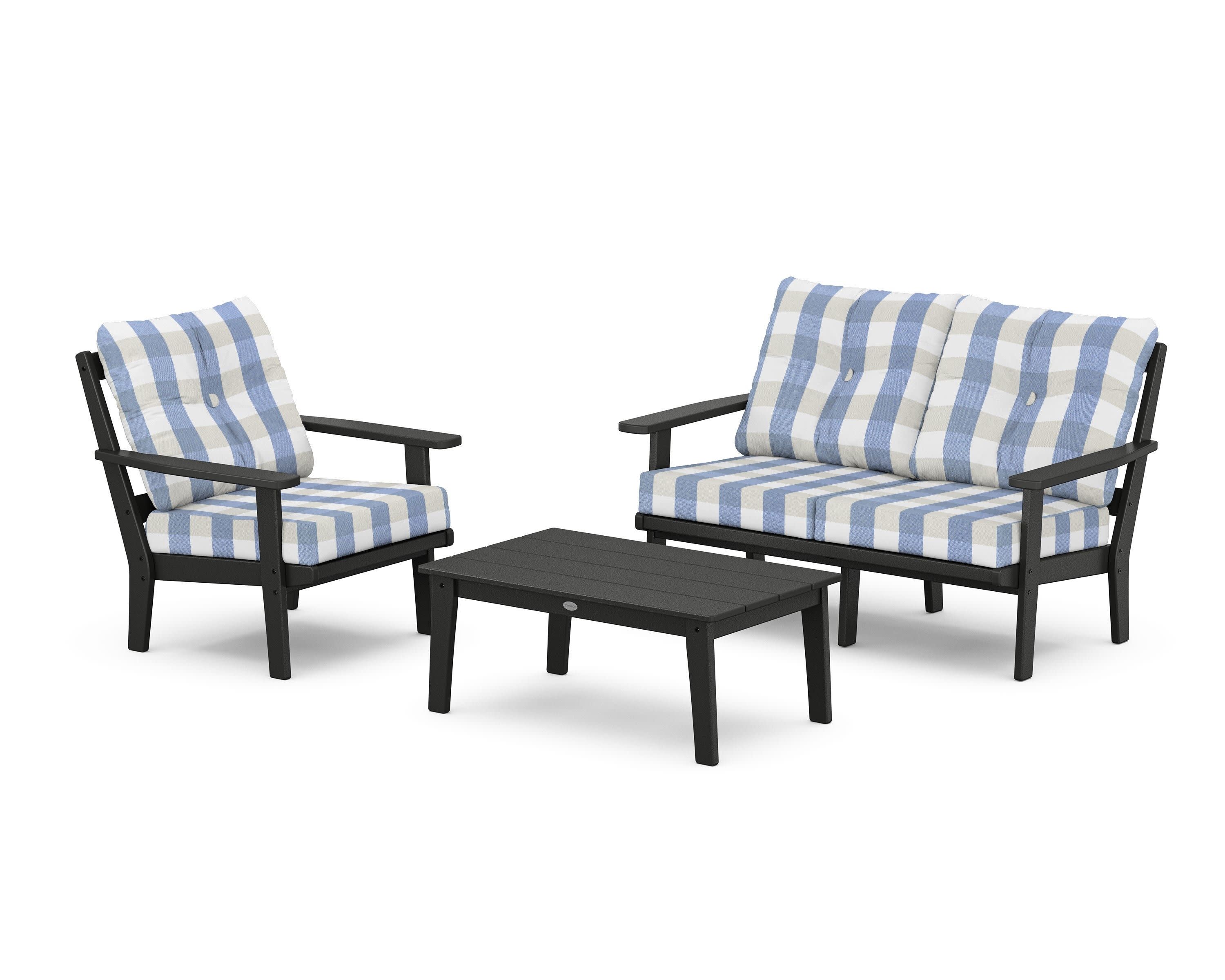 Prairie 3-Piece Deep Seating Set with Loveseat in Black / Buffalo Plaid Sky Blue