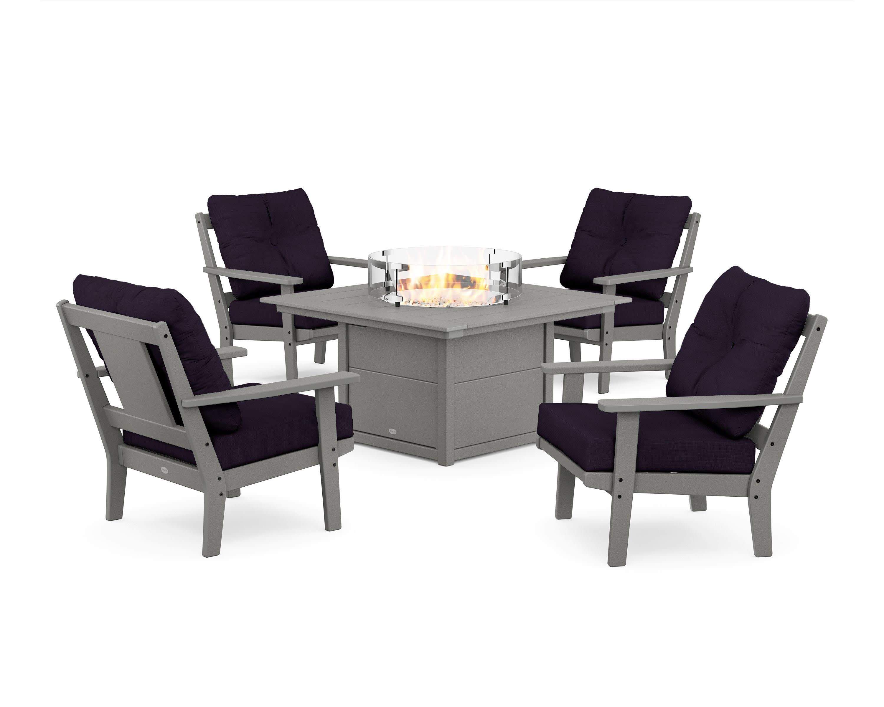 Prairie 5-Piece Deep Seating Set with Fire Pit Table in Slate Grey / Navy Linen