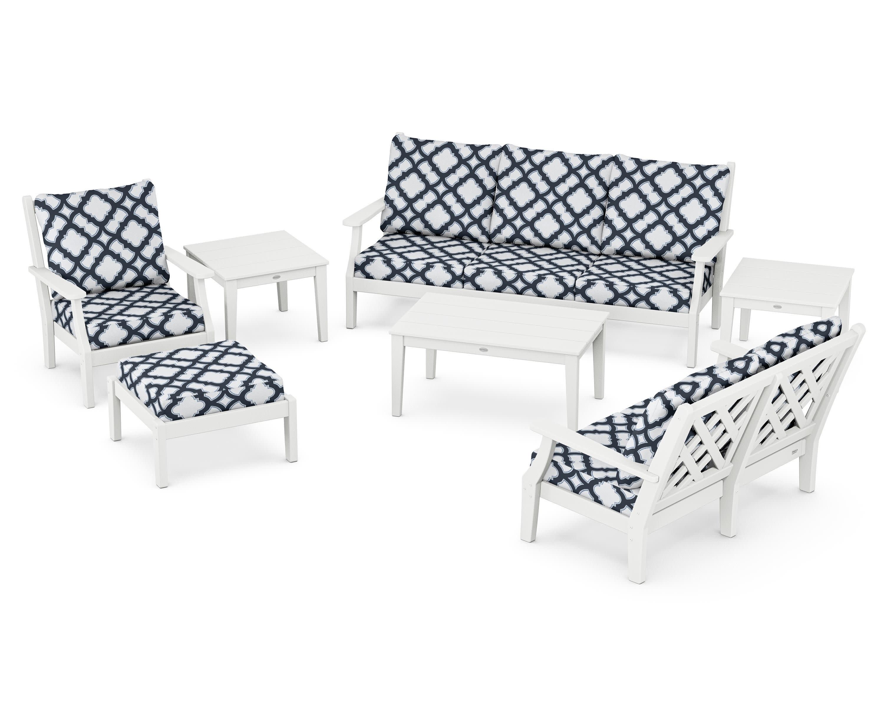 Wovendale 7-Piece Deep Seating Set in White / Trellis Marine Indigo