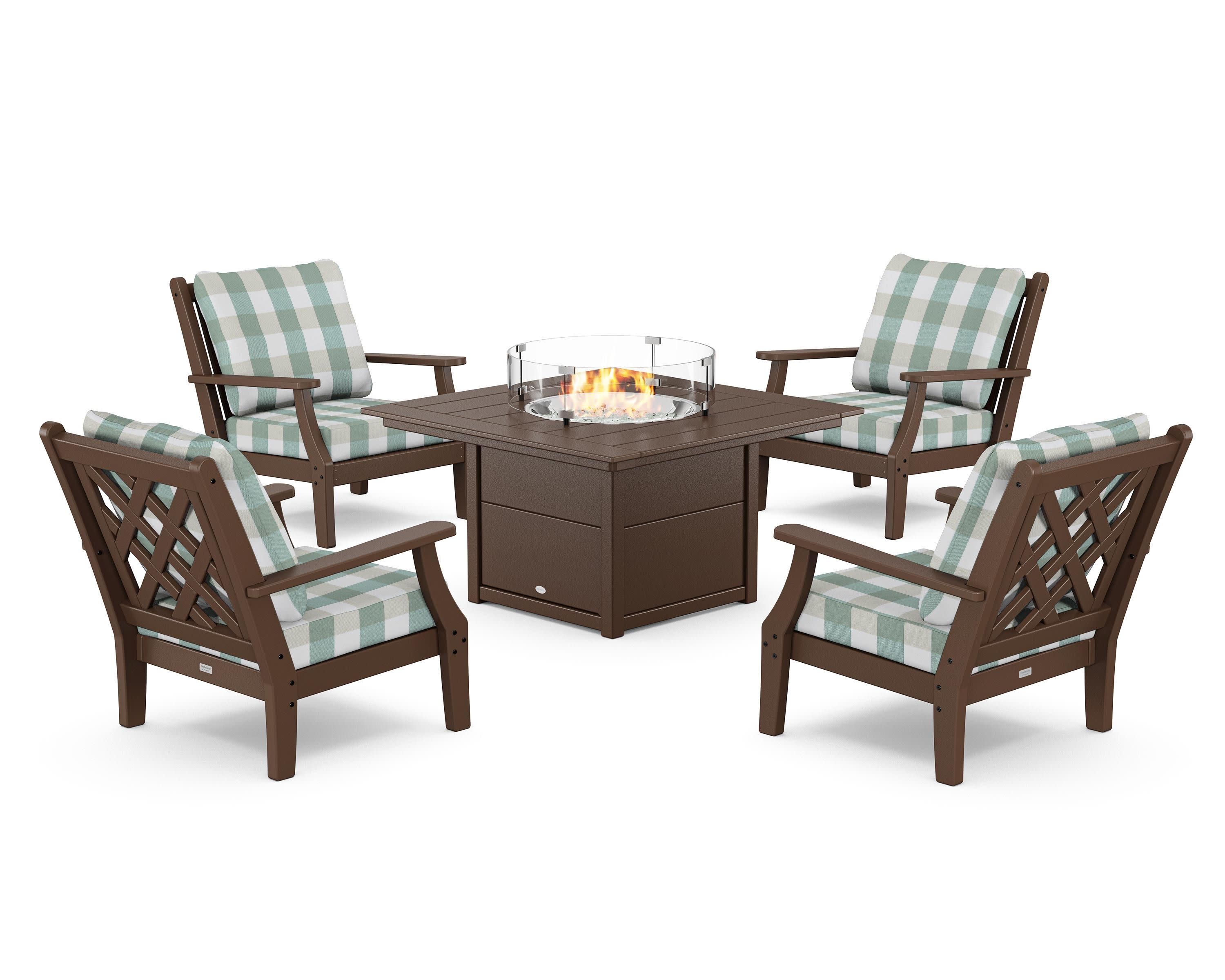 Wovendale 5-Piece Deep Seating Set with Fire Pit Table in Mahogany / Buffalo Plaid Glacier Spa