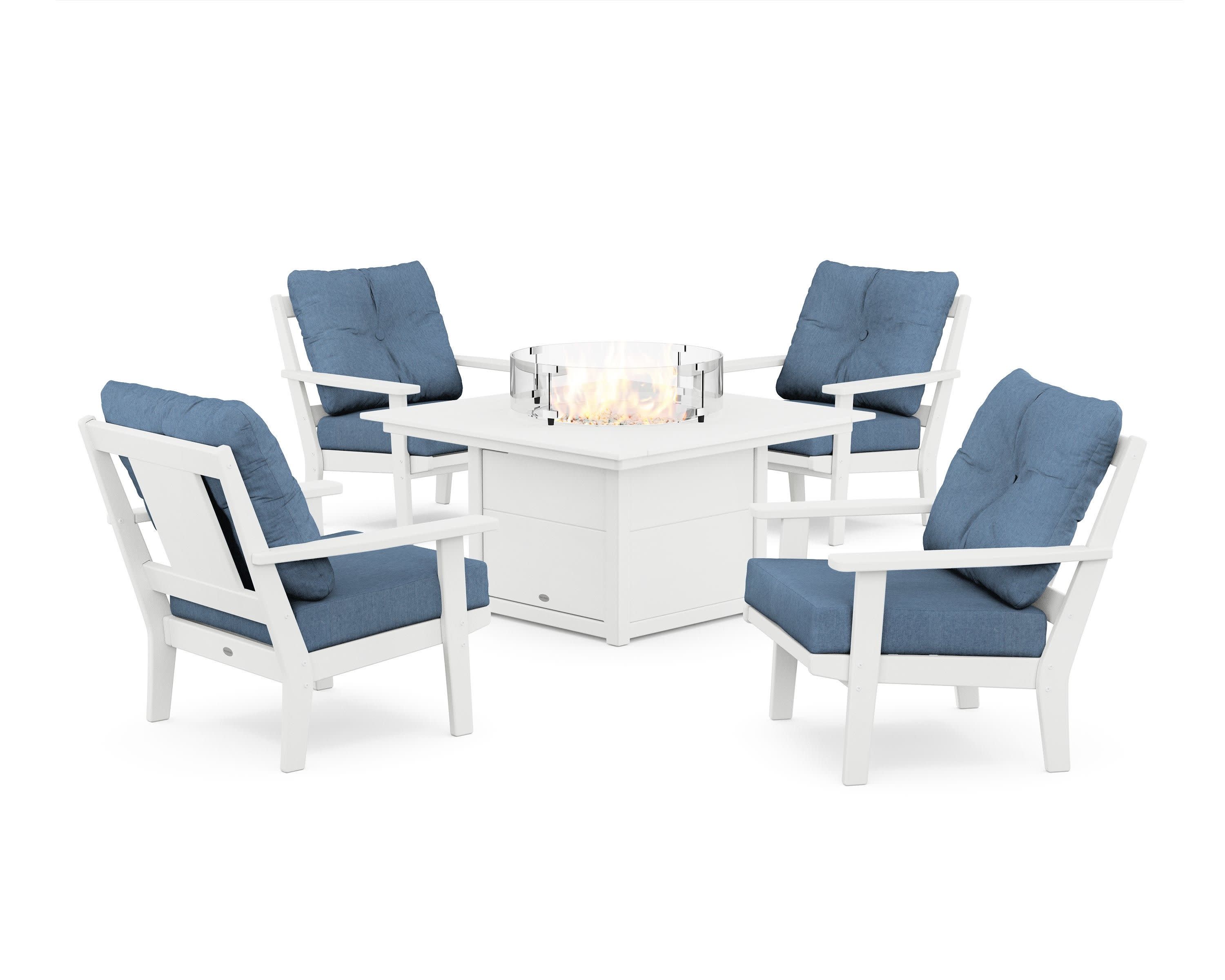 Prairie 5-Piece Deep Seating Set with Fire Pit Table in White / Sky Blue
