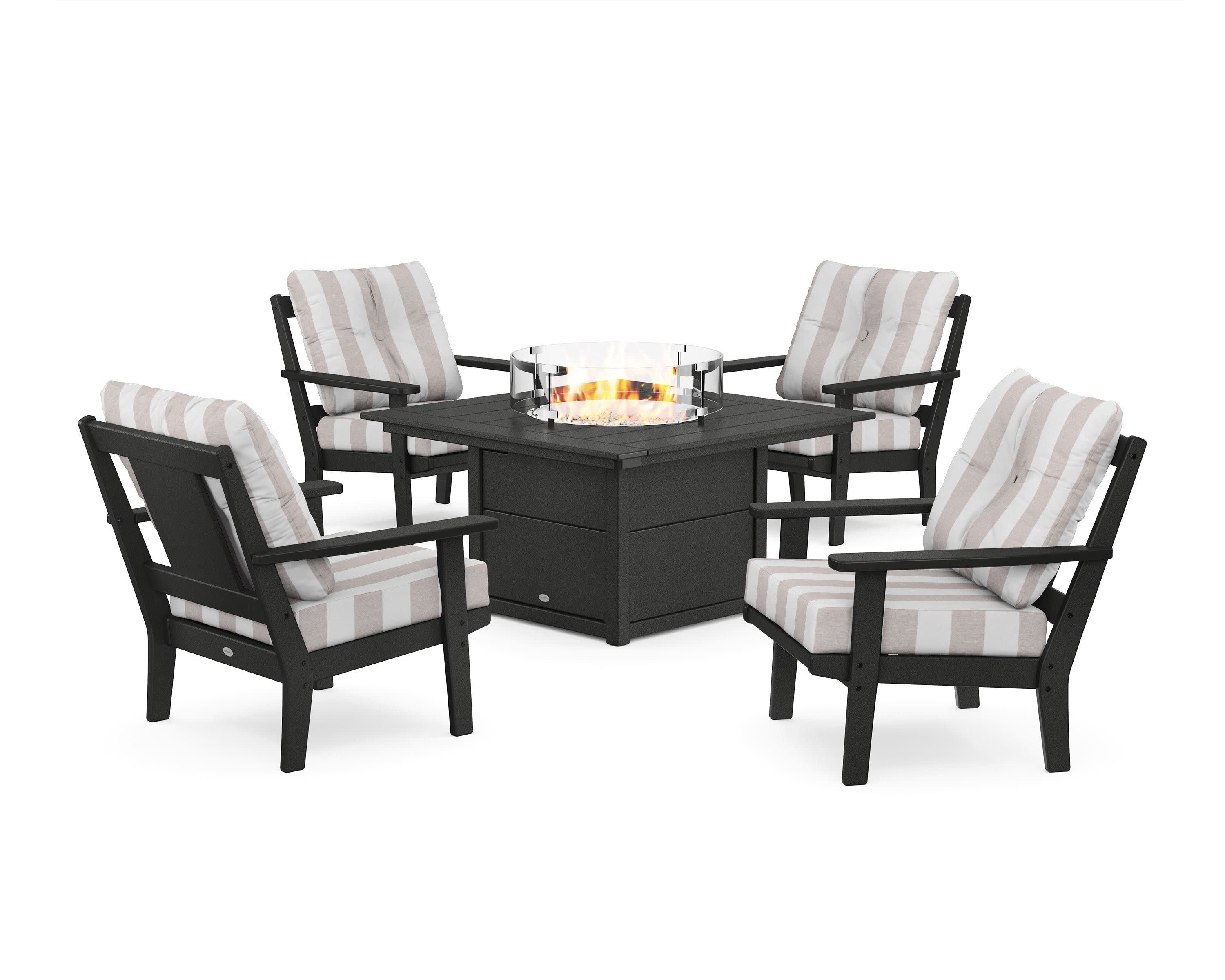 Prairie 5-Piece Deep Seating Set with Fire Pit Table in Black / Cabana Stripe Dune Burlap