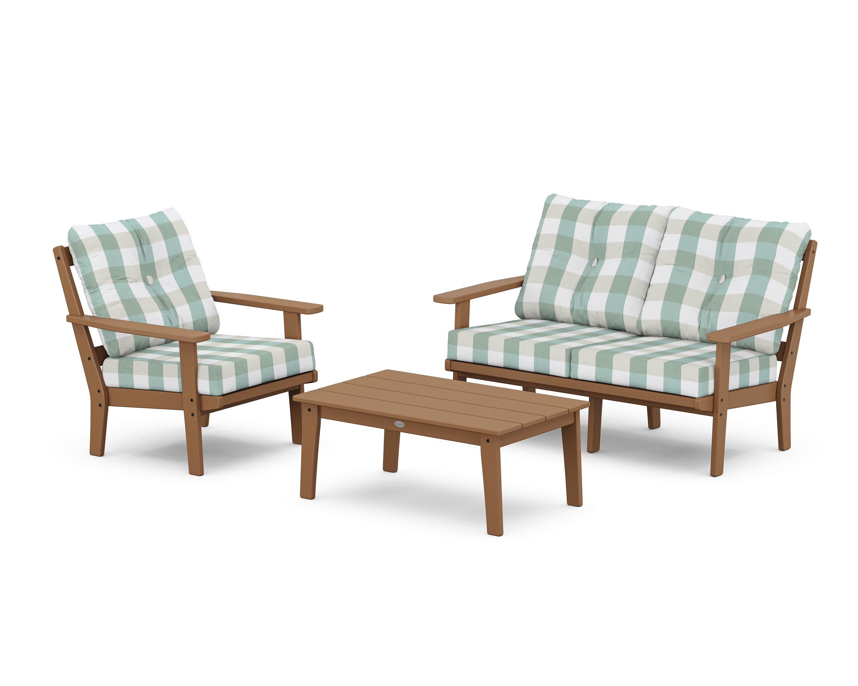 Prairie 3-Piece Deep Seating Set with Loveseat in Teak / Buffalo Plaid Glacier Spa