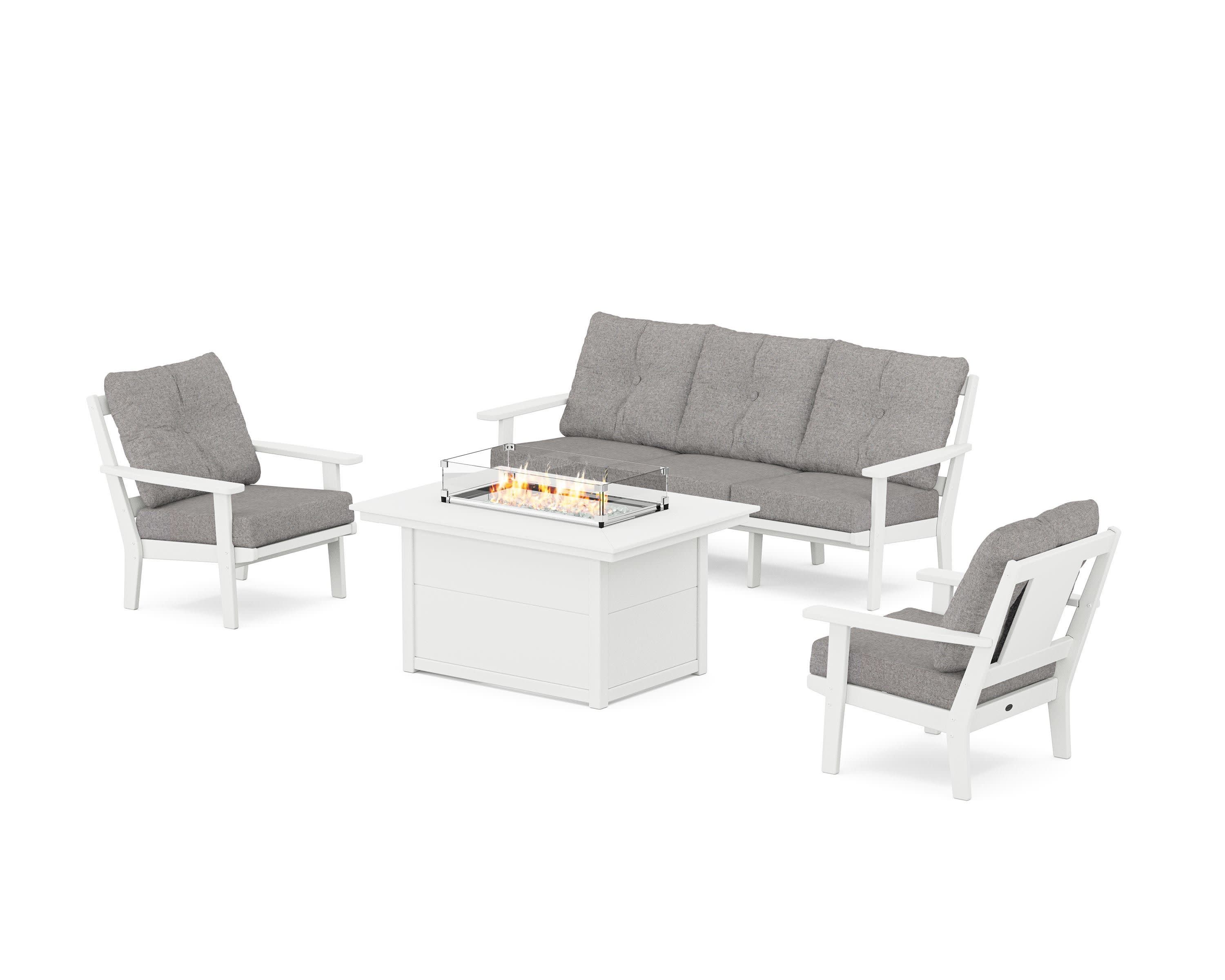 Prairie Deep Seating Fire Pit Table Set in White / Grey Mist