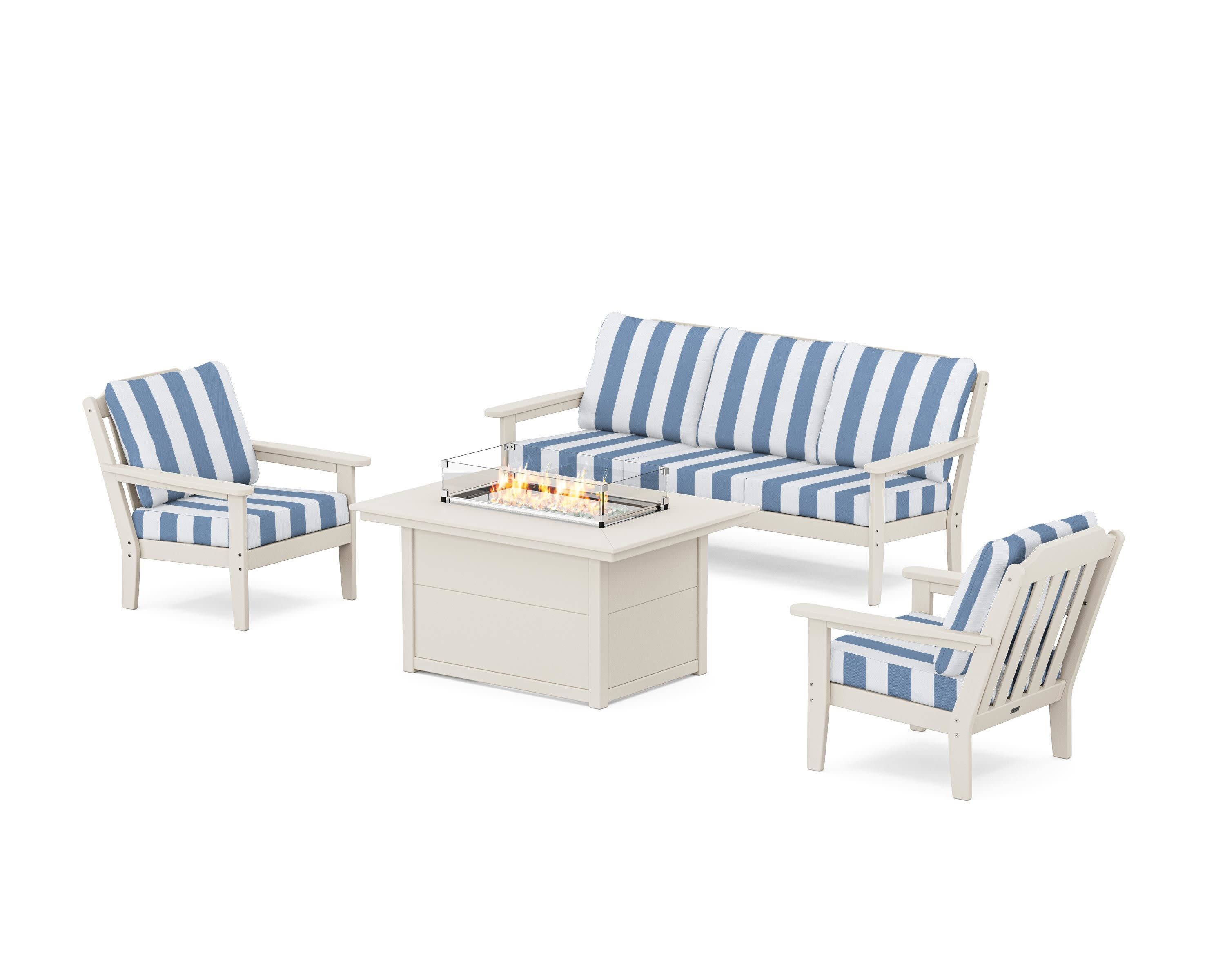 Cottage Deep Seating Fire Pit Table Set in Sand / Cabana Stripe Sky Blue