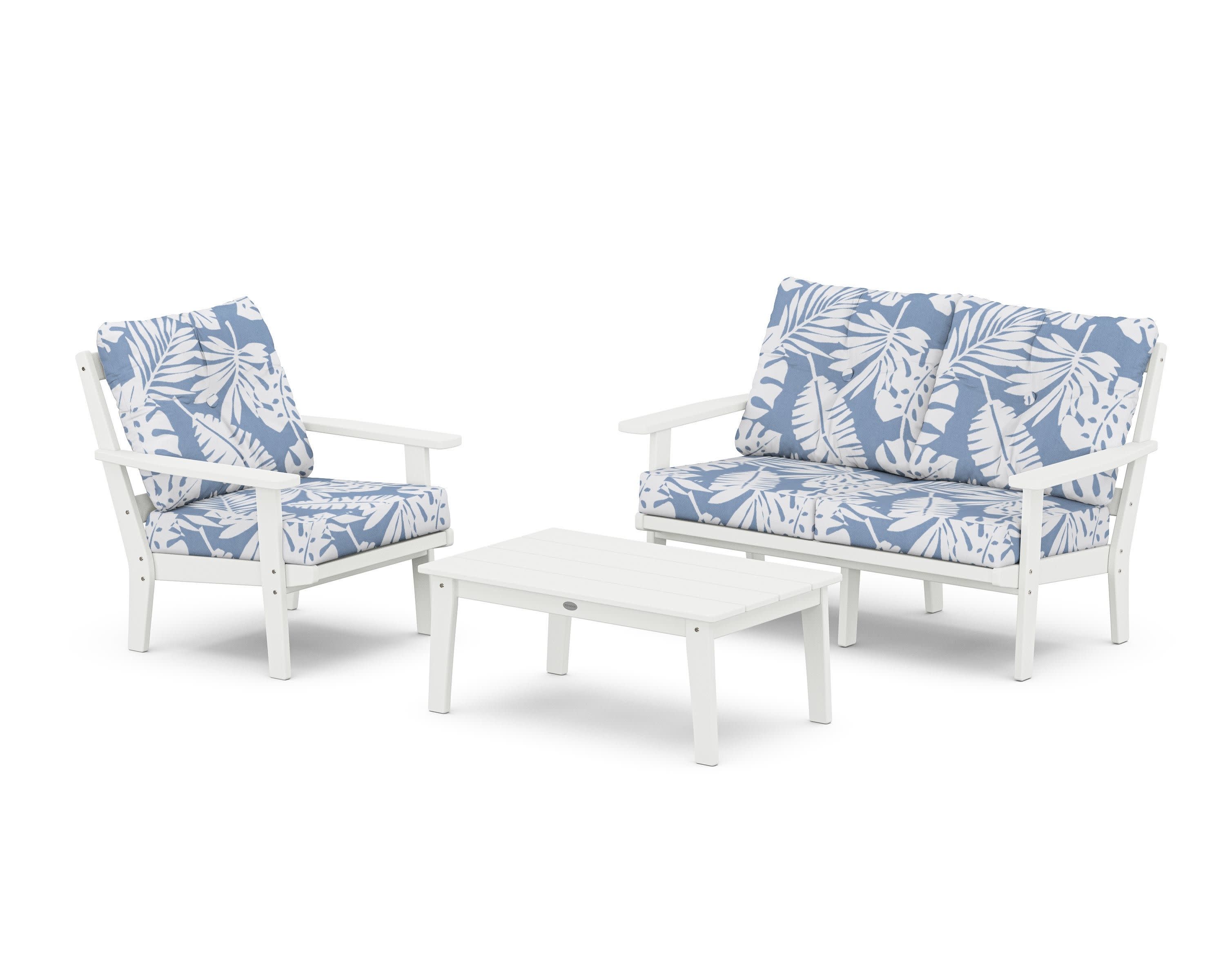 Prairie 3-Piece Deep Seating Set with Loveseat in White / Leaf Sky Blue