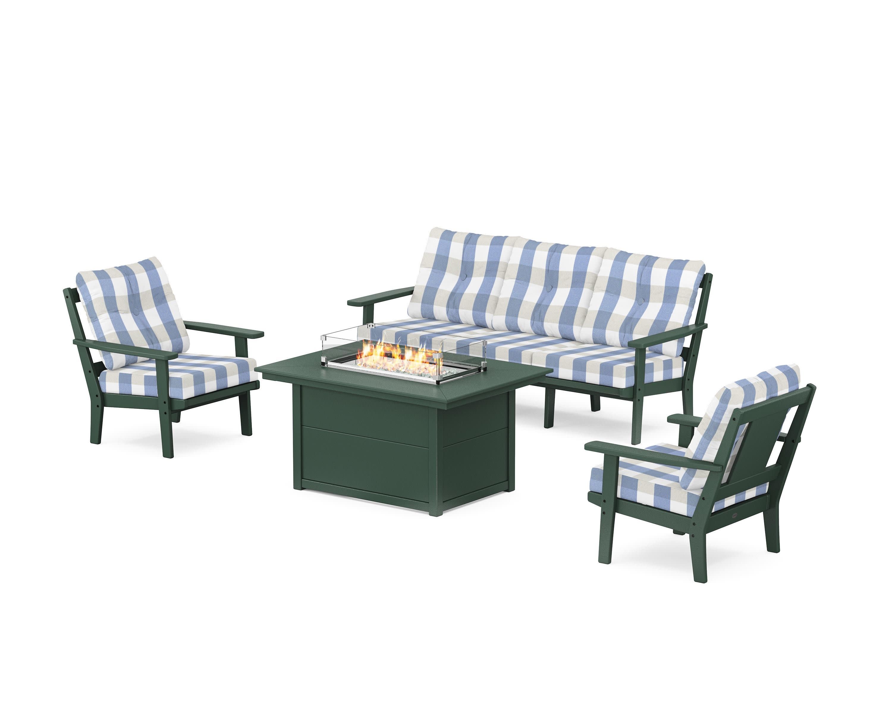 Prairie Deep Seating Fire Pit Table Set in Green / Buffalo Plaid Sky Blue