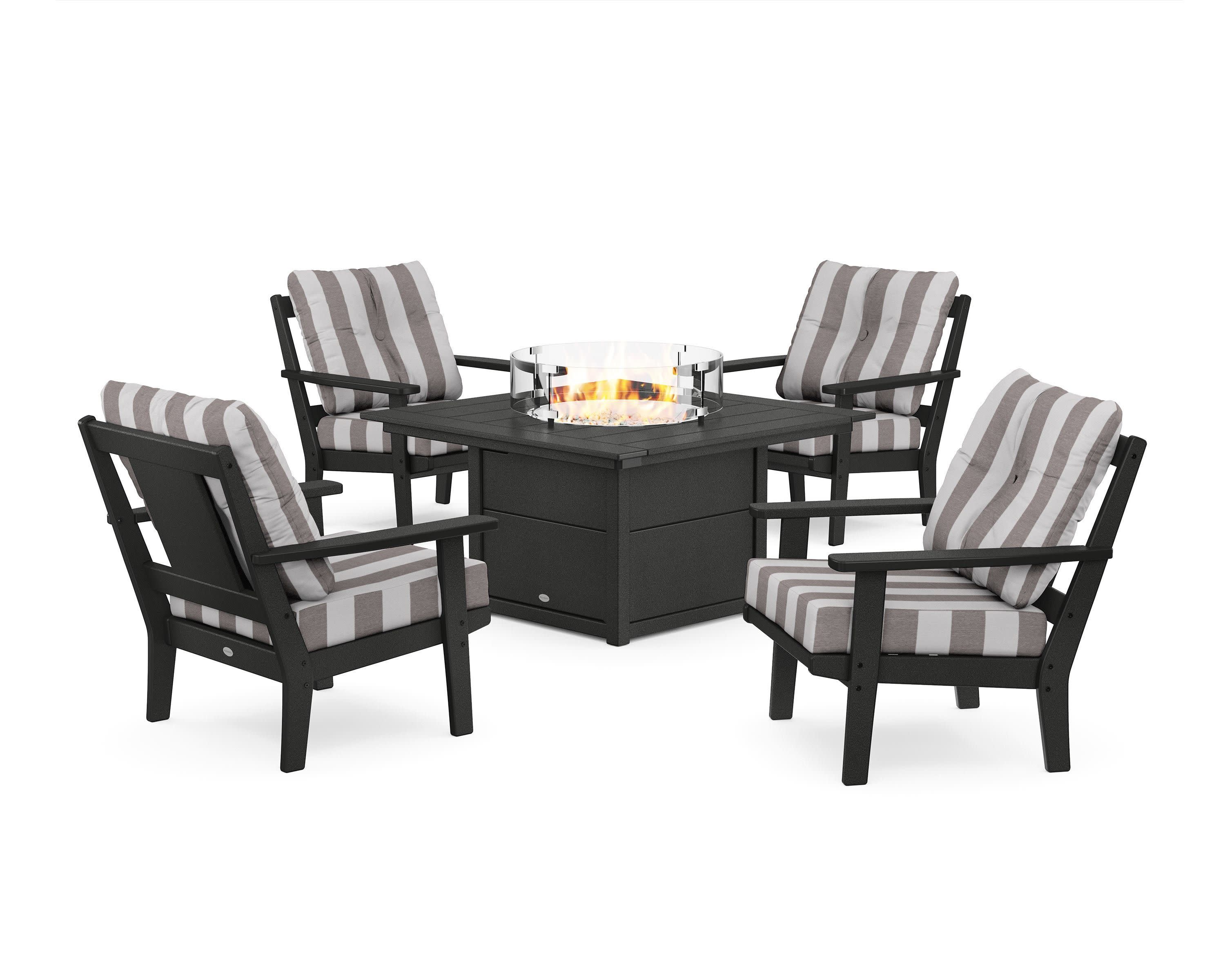 Prairie 5-Piece Deep Seating Set with Fire Pit Table in Black / Cabana Stripe Grey Mist