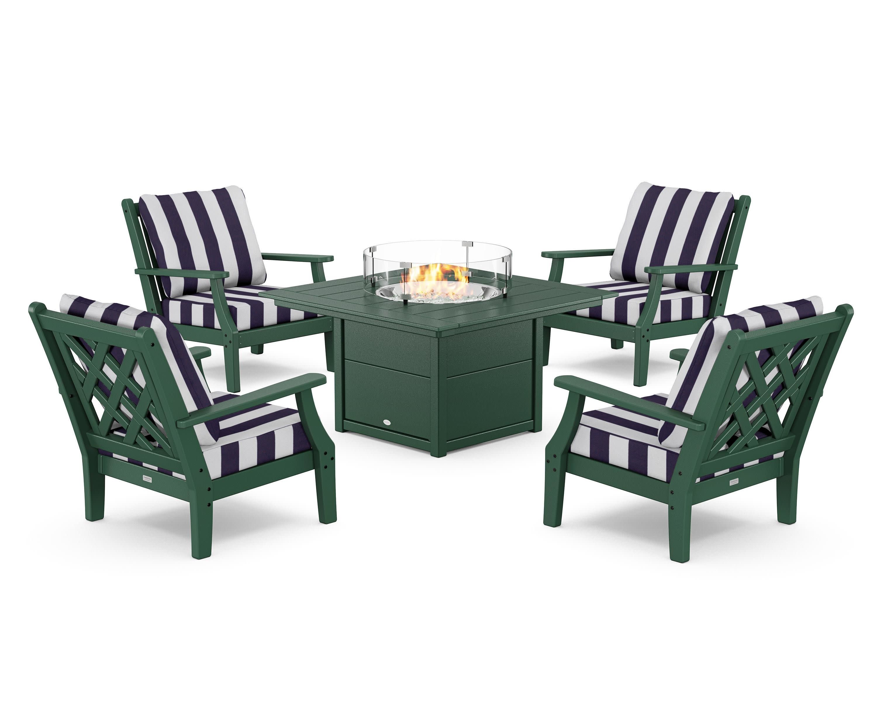 Wovendale 5-Piece Deep Seating Set with Fire Pit Table in Green / Cabana Stripe Navy