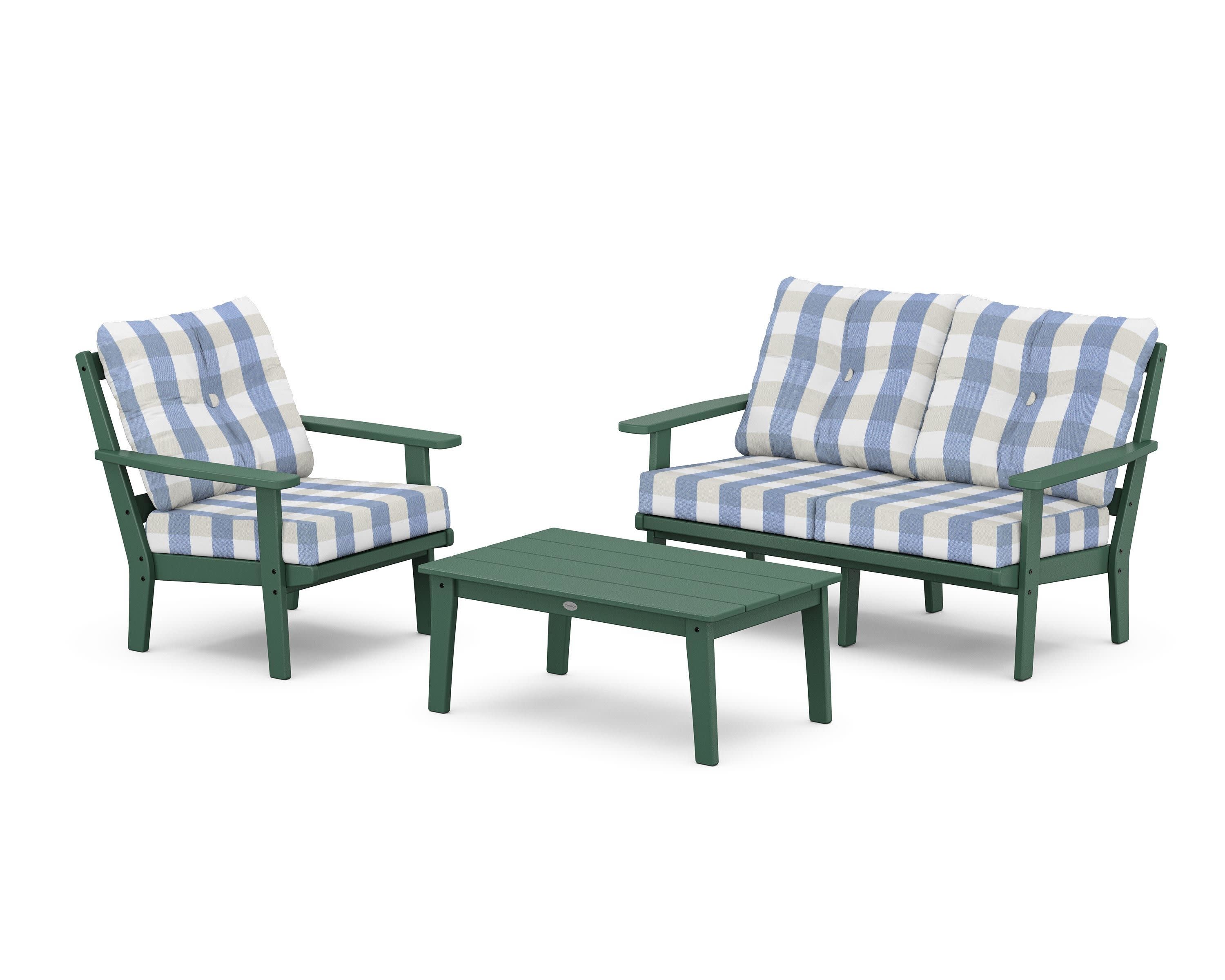 Prairie 3-Piece Deep Seating Set with Loveseat in Green / Buffalo Plaid Sky Blue
